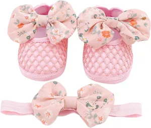 0 to 1 Year Old Baby Shoes Hair Band Set Cute Bow Princess Shoes 3 5 7 9 Months Soft Soled Walking Shoes Toddler Beach (Pink, 4 Infant)
