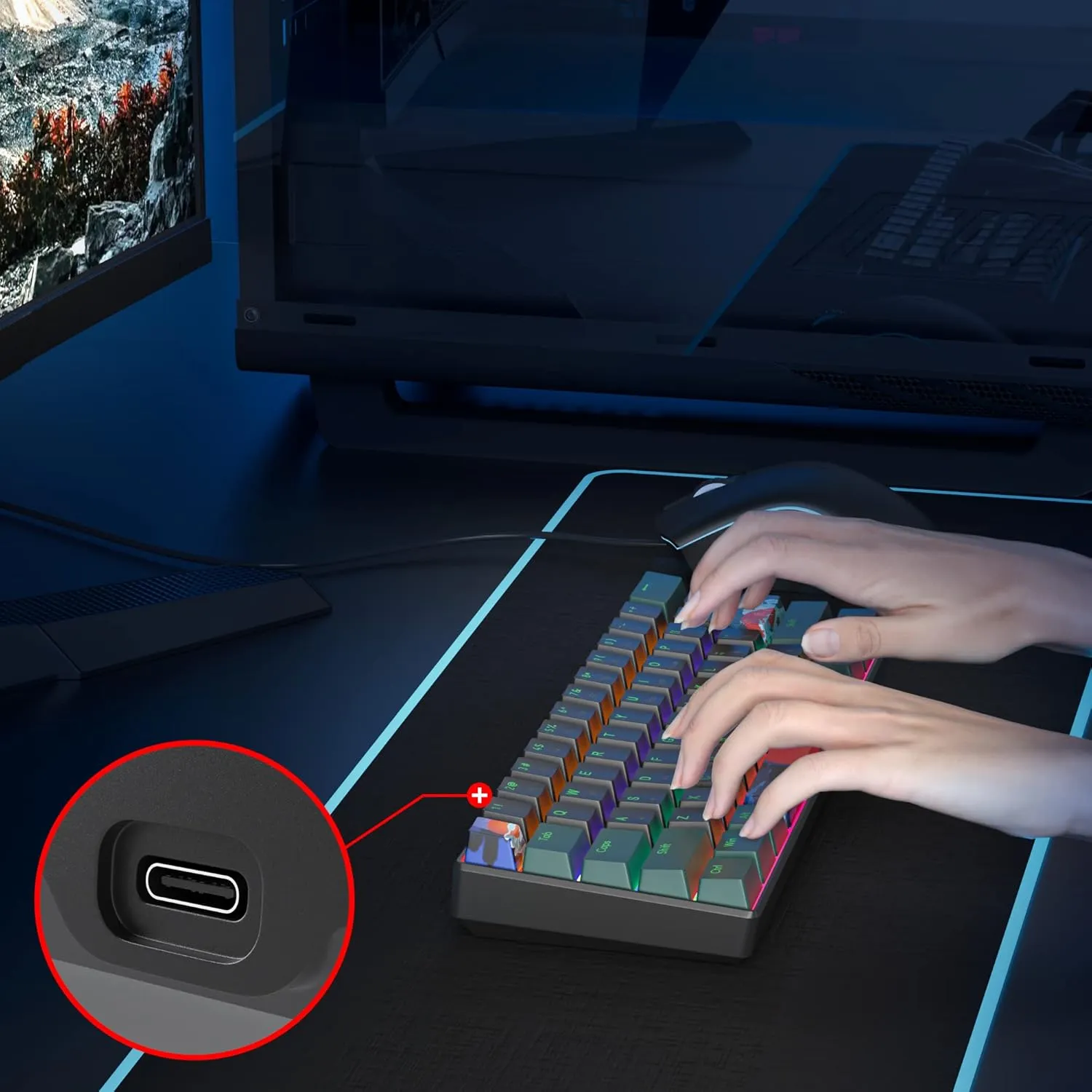 60 Percent Gaming Keyboard Mechanical with Linear Red Switch, 60% Wired Ultra-Compact Mini Keyboard Rainbow with PBT Keycaps for Ps4/Ps5/Xbox(61 Green)