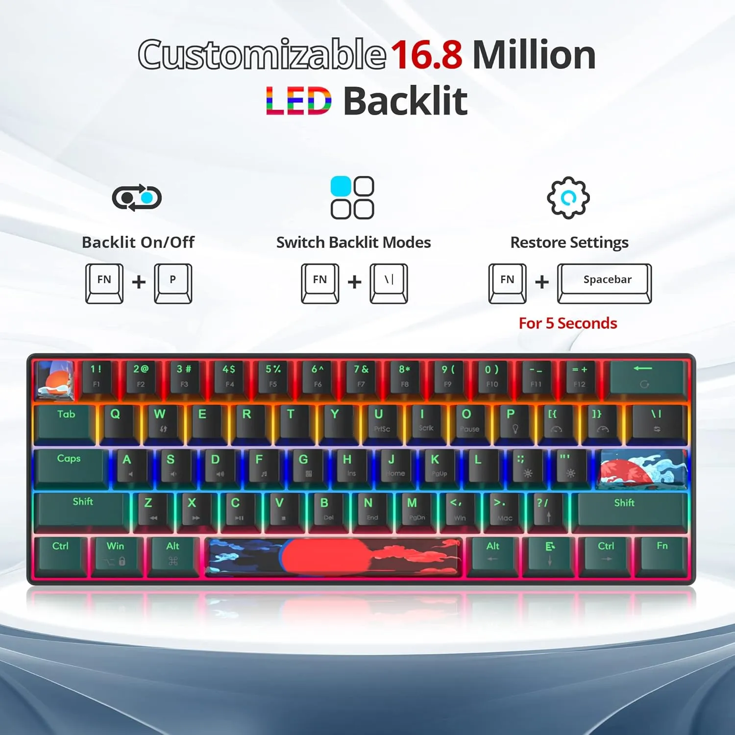 60 Percent Gaming Keyboard Mechanical with Linear Red Switch, 60% Wired Ultra-Compact Mini Keyboard Rainbow with PBT Keycaps for Ps4/Ps5/Xbox(61 Green)