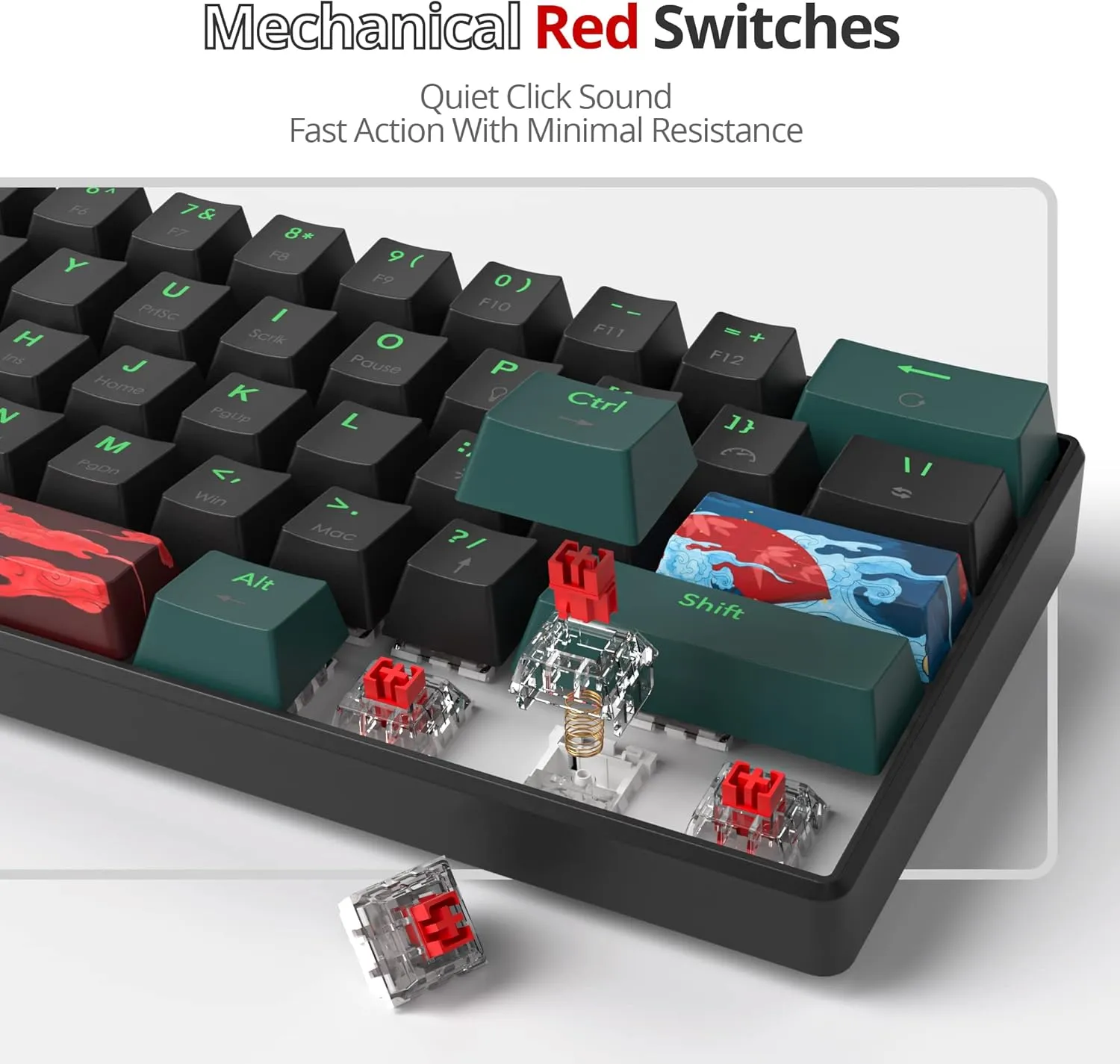 60 Percent Gaming Keyboard Mechanical with Linear Red Switch, 60% Wired Ultra-Compact Mini Keyboard Rainbow with PBT Keycaps for Ps4/Ps5/Xbox(61 Green)