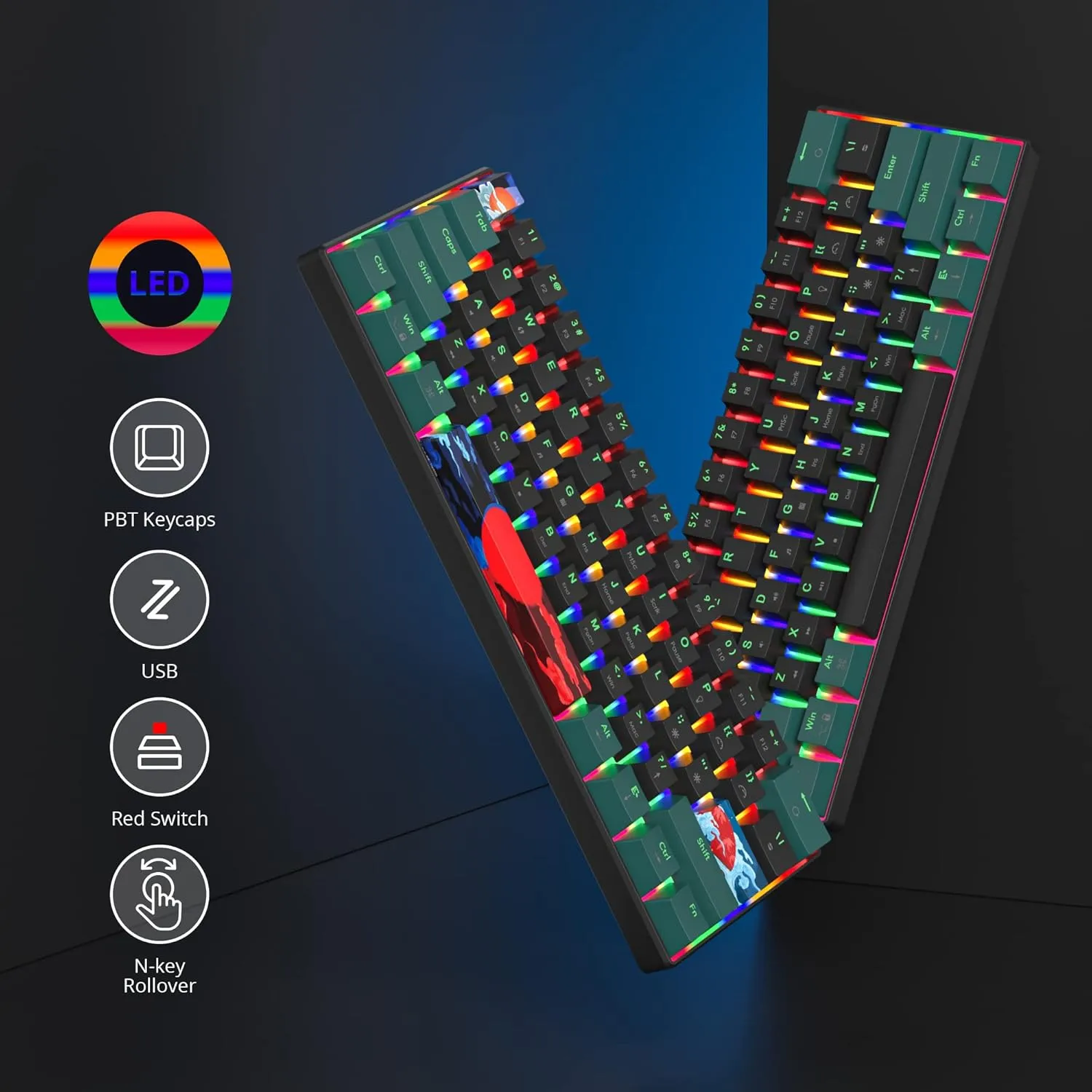 60 Percent Gaming Keyboard Mechanical with Linear Red Switch, 60% Wired Ultra-Compact Mini Keyboard Rainbow with PBT Keycaps for Ps4/Ps5/Xbox(61 Green)