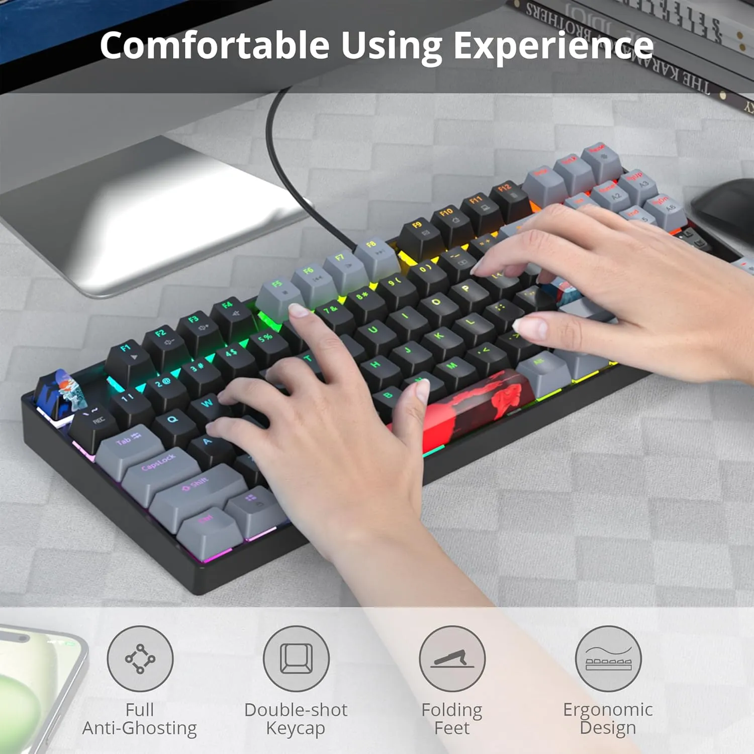 75% Mechanical Gaming Keyboard with Red Switch, RGB LED Backlit Keyboard Black, 87 Keys Compact TKL Wired Computer Keyboard for Windows Laptop PC Gamer (87 Dark)
