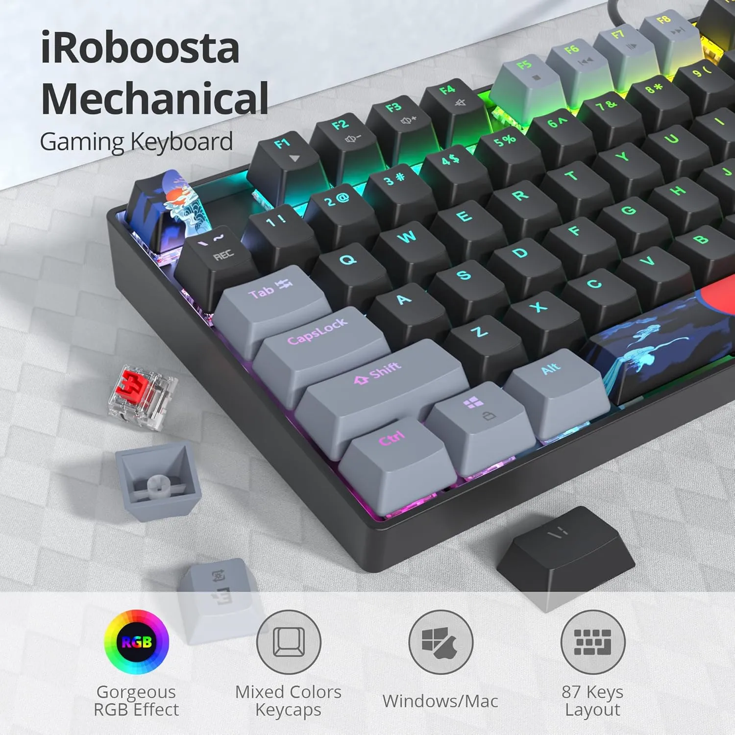 75% Mechanical Gaming Keyboard with Red Switch, RGB LED Backlit Keyboard Black, 87 Keys Compact TKL Wired Computer Keyboard for Windows Laptop PC Gamer (87 Dark)