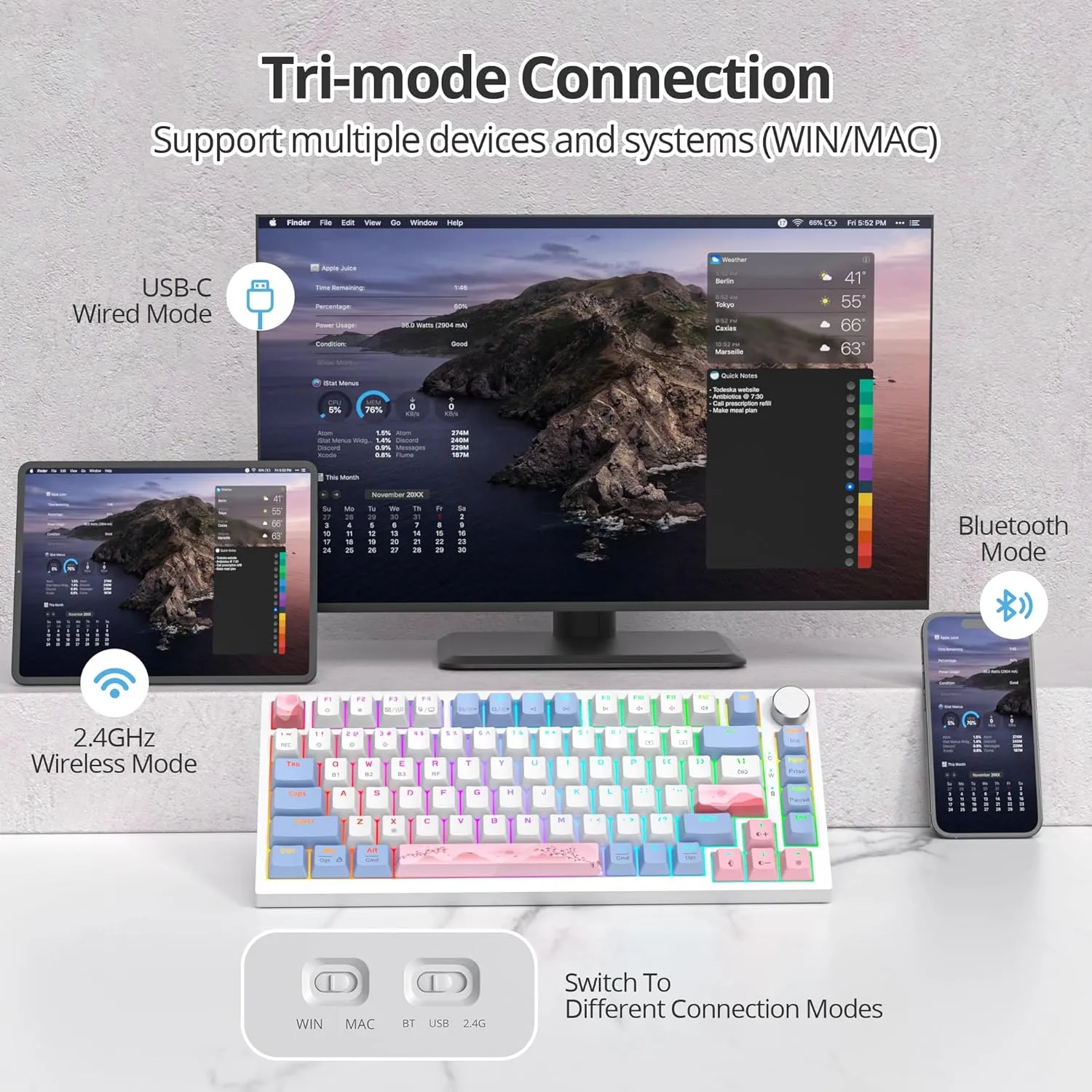 75% Wireless Creamy Pink Mechanical Keyboard, Hot Swappable Custom Keyboard, RGB Backlit Gasket Gaming Keyboard, 2.4G/BT5.0/USB-C Mechanical Keyboard, Pre-lubed Linear Gray Cream Switches