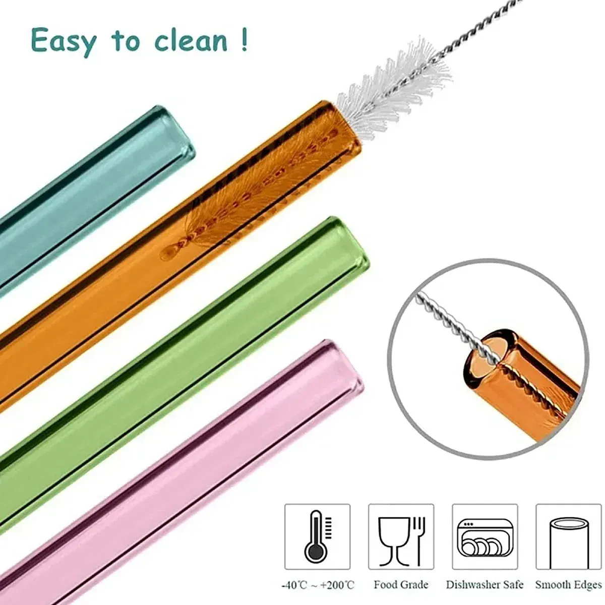 8 Piece Colourful Glass Straws Eco Friendly & Reusable