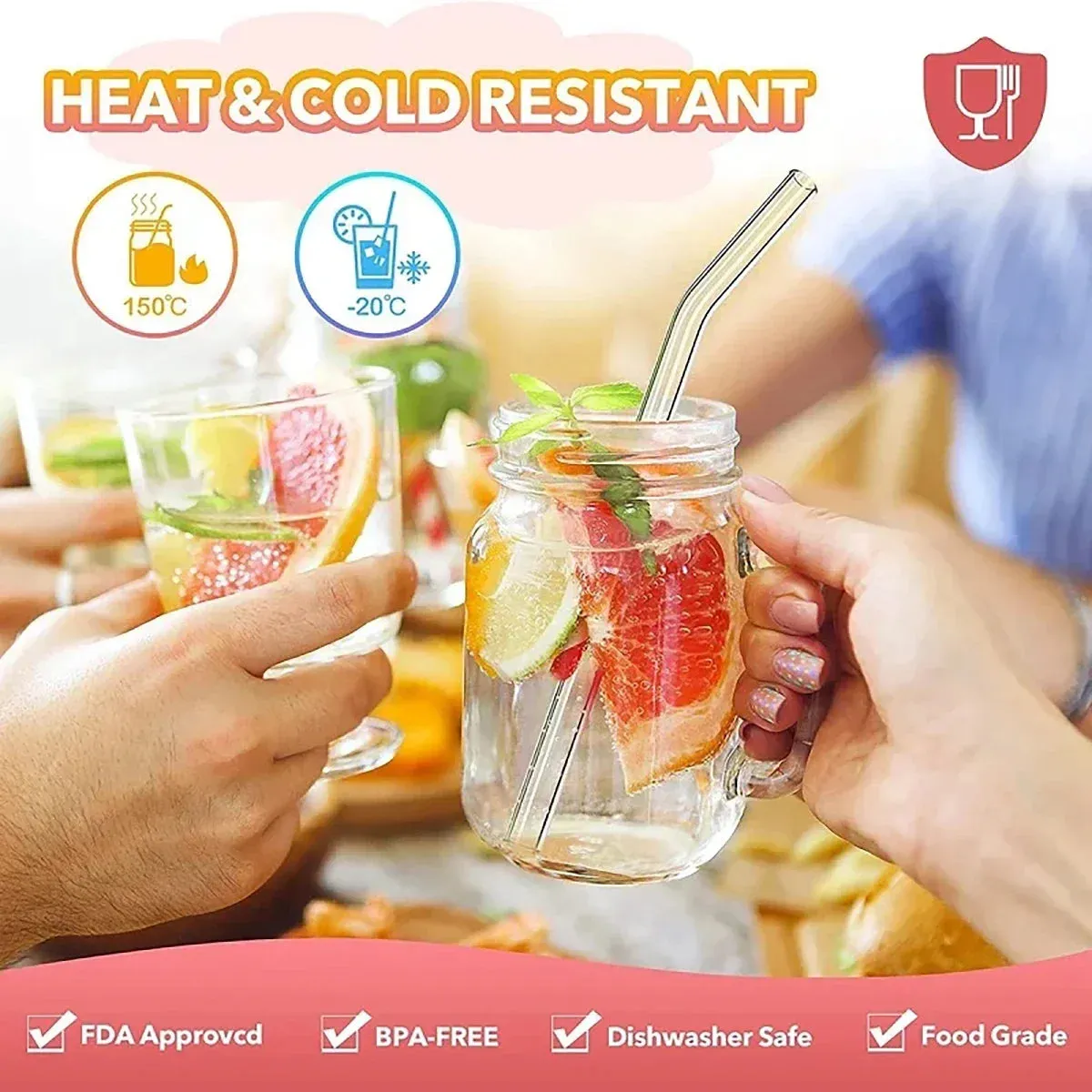 8 Piece Reusable Glass Straws Eco Friendly & Colourful