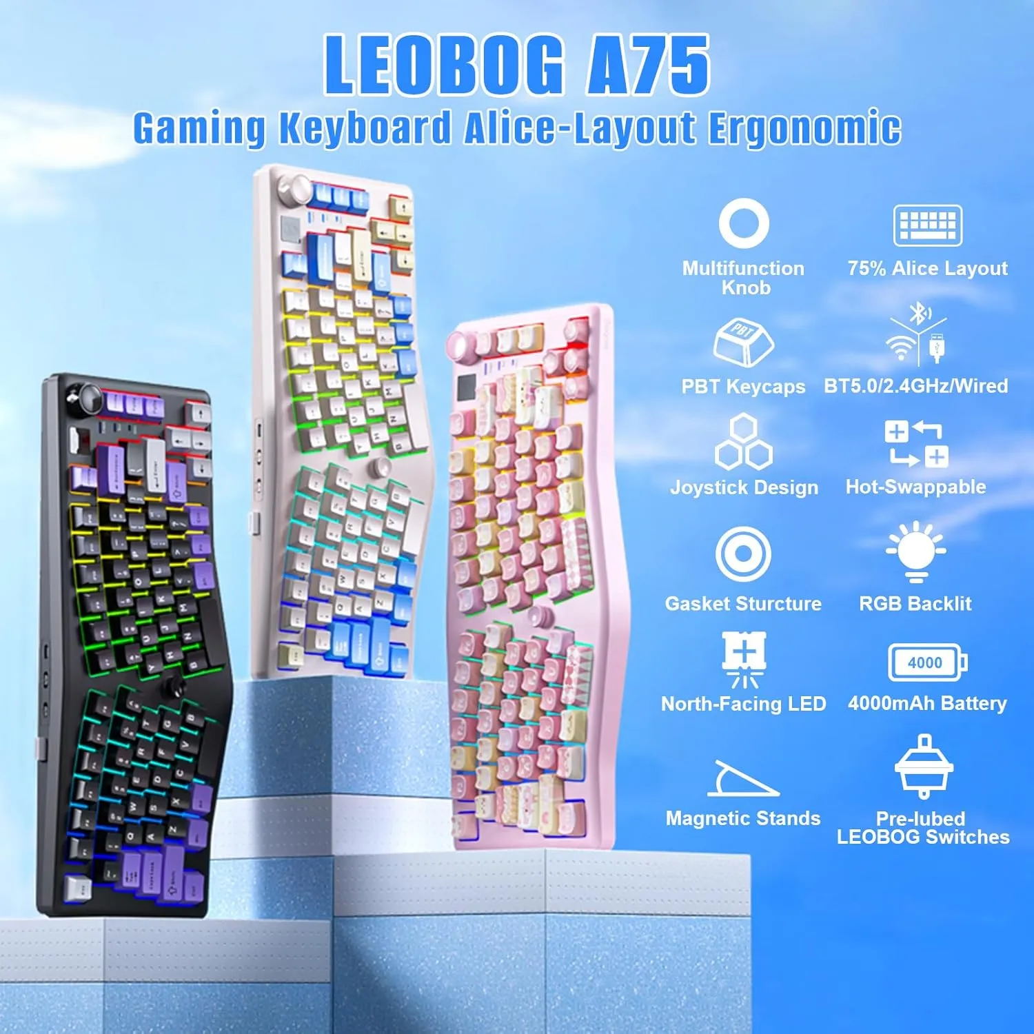 A75 Alice Keyboard, Tri-Mode BT5.0/2.4G/USB-C Ergonomic Cute Creamy Keyboard with RGB Backlit Functional Knob Joystick, 75% Layout Hot-Swap Gasket Custom Keyboards for Win Mac PC Gamer-Black