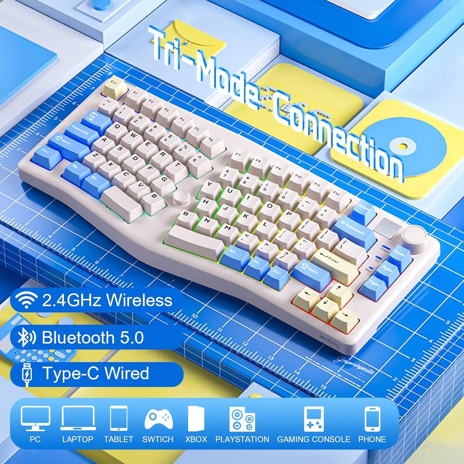 A75 Alice Keyboard, Tri-Mode BT5.0/2.4G/USB-C Ergonomic Cute Creamy Keyboard with RGB Backlit Functional Knob Joystick, 75% Layout Hot-Swap Gasket Custom Keyboards for Win Mac PC Gamer-Black