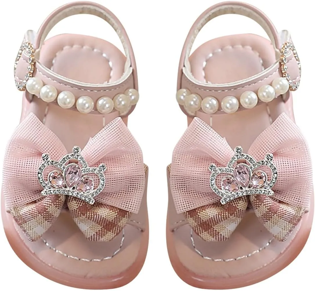 Adjusted Strap Pearl Sandals for Toddler Girls Bow Canvas Rubber Sole Wide Water Shoes Baby Infant Summer Non Slip