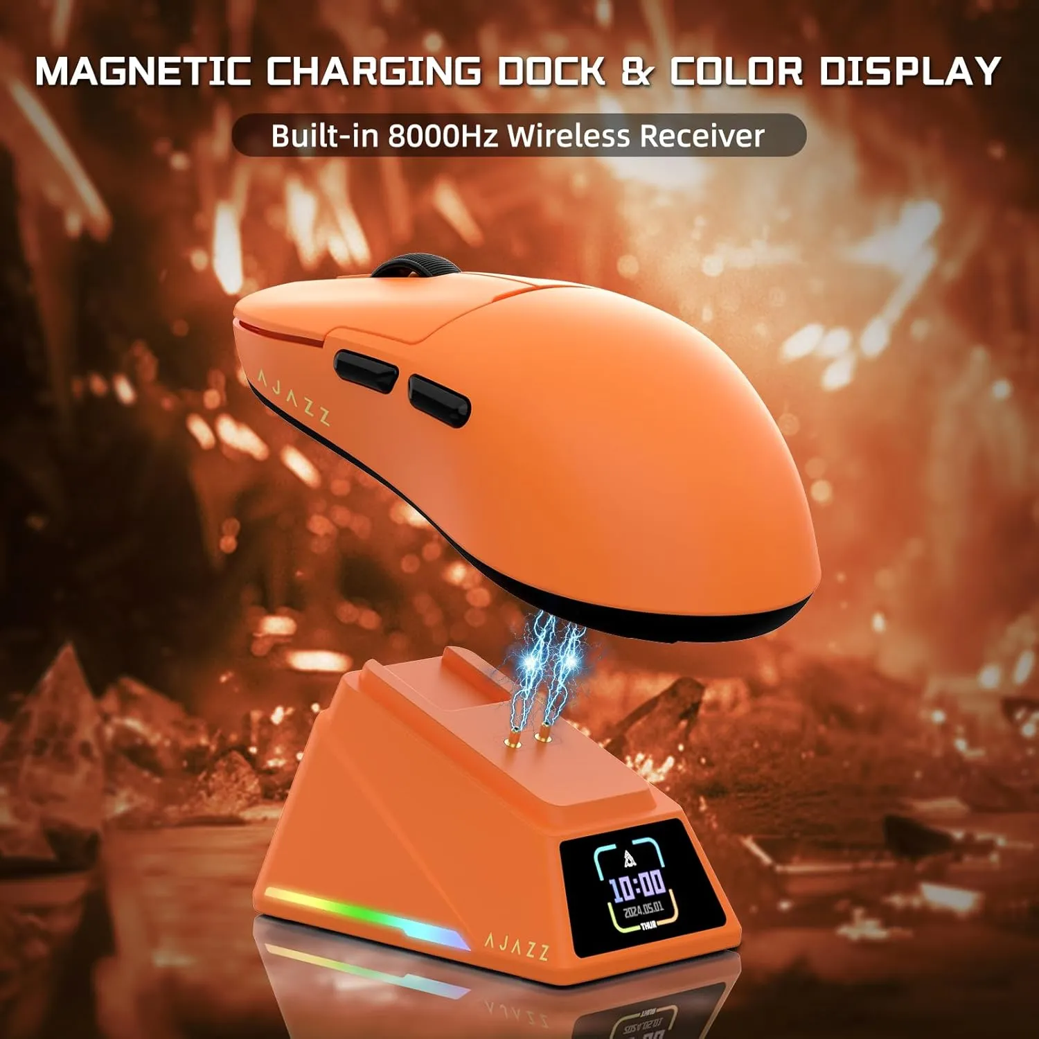AJAZZ AJ159 APEX Wireless Gaming Mouse with Magnetic Charging Base, 56g Lightweight BT/2.4G/USB-C Wired Mouse, PAW3950APEX 42K DPI Optical Sensor, Programmable Buttons for PC/Mac/Win(Orange)