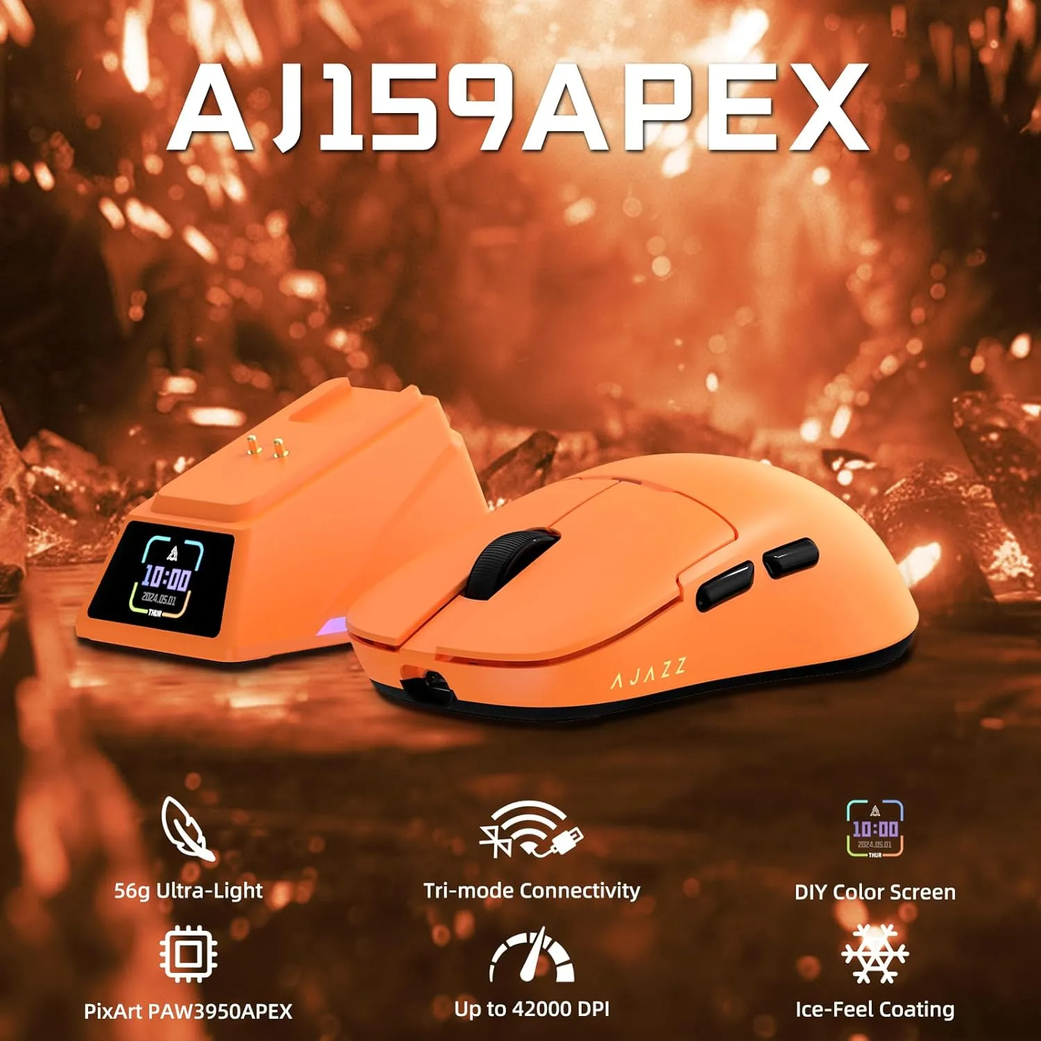 AJAZZ AJ159 APEX Wireless Gaming Mouse with Magnetic Charging Base, 56g Lightweight BT/2.4G/USB-C Wired Mouse, PAW3950APEX 42K DPI Optical Sensor, Programmable Buttons for PC/Mac/Win(Orange)