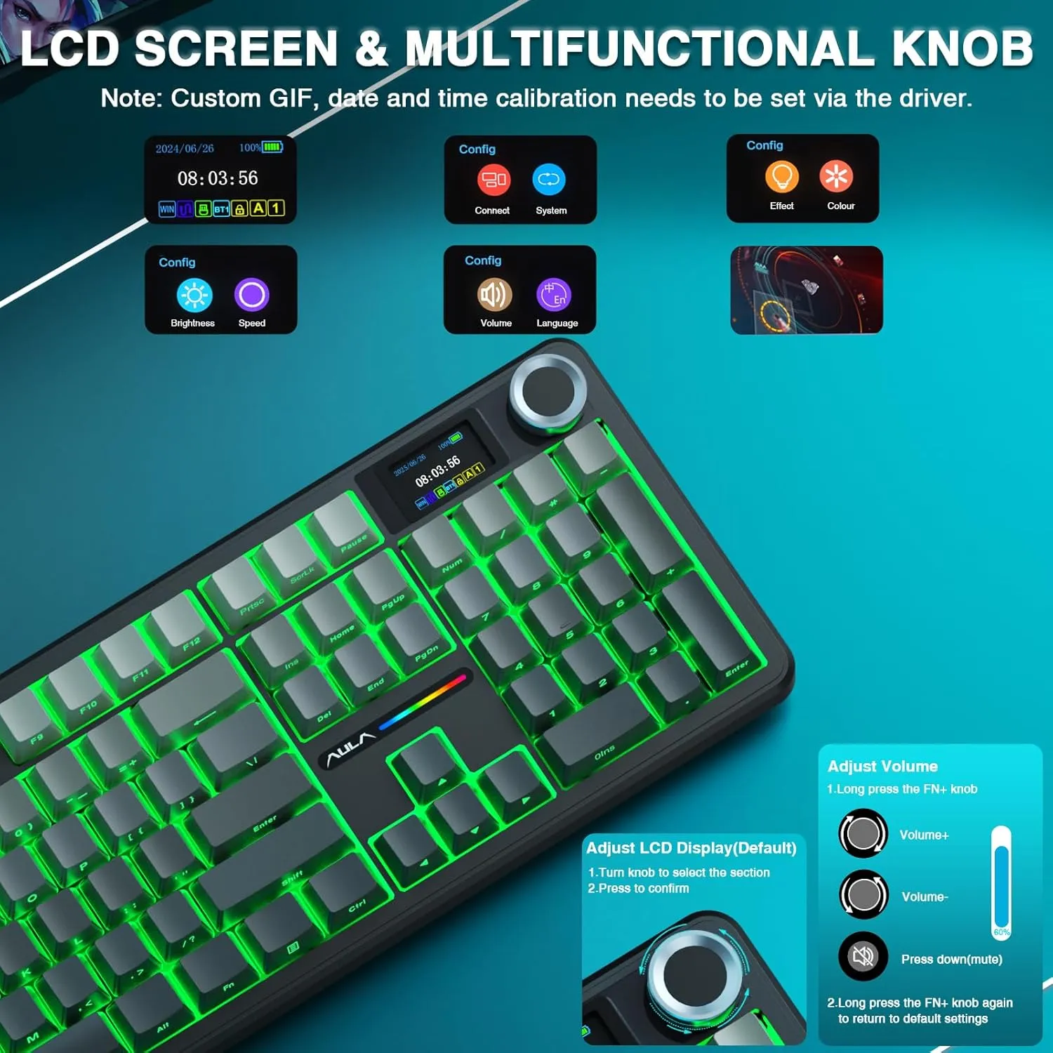 AULA F108 PRO - Wireless Mechanical Keyboard with Screen & Knob,Full Size Keyboard with 8000mAh Battery,Pre-lubed Switches,Side Printed PBT Keycaps,RGB Backlit Hot Swappable Custom Gaming Keyboards