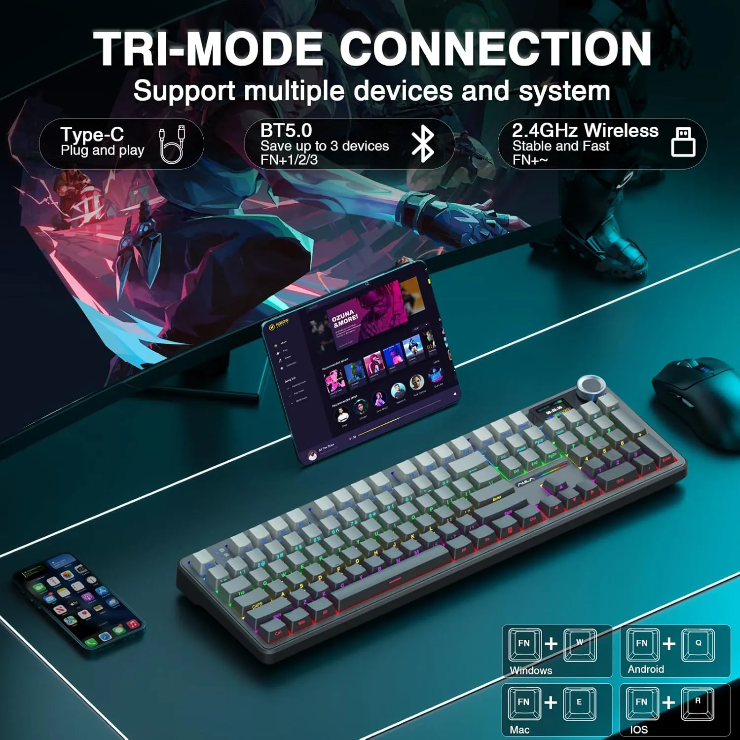 AULA F108 PRO - Wireless Mechanical Keyboard with Screen & Knob,Full Size Keyboard with 8000mAh Battery,Pre-lubed Switches,Side Printed PBT Keycaps,RGB Backlit Hot Swappable Custom Gaming Keyboards
