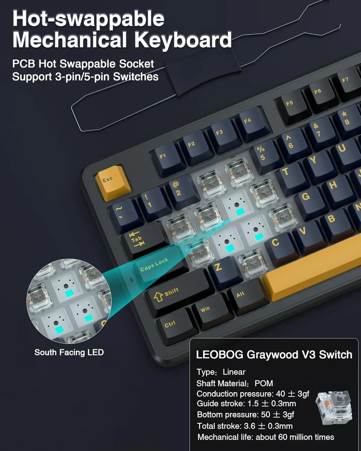 AULA F87 Wireless Mechanical Keyboard, 75% TKL Custom Hot Swappable Gaming Keyboards with PBT Keycaps, Pre-lubed Greywood Switches, RGB Backlit Creamy Keyboard, 2.4GHz/USB-C/BT5.0