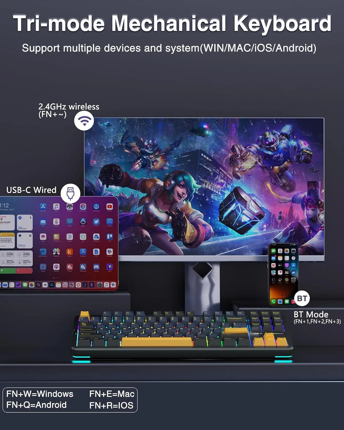 AULA F87 Wireless Mechanical Keyboard, 75% TKL Custom Hot Swappable Gaming Keyboards with PBT Keycaps, Pre-lubed Greywood Switches, RGB Backlit Creamy Keyboard, 2.4GHz/USB-C/BT5.0