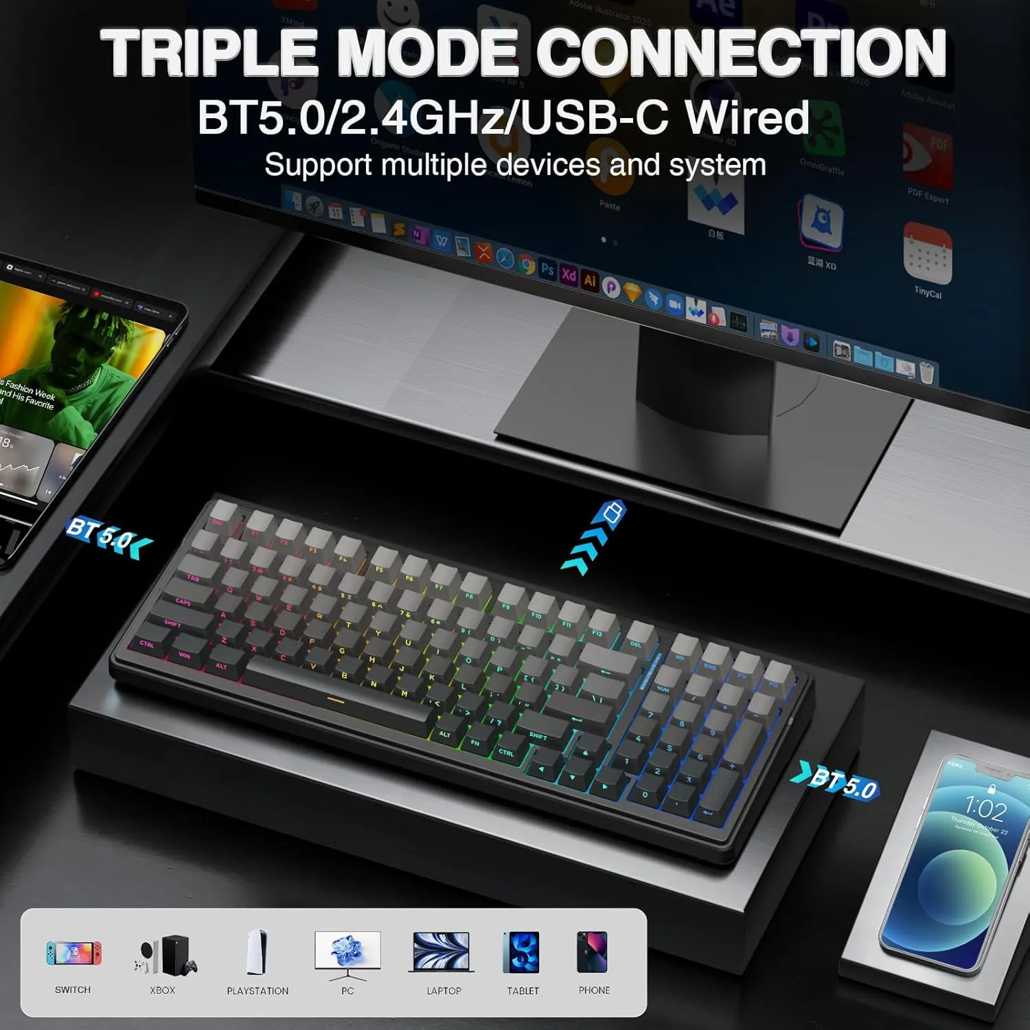 AULA F99 Pro Wireless Mechanical Keyboard,Hot Swappable Custom Keyboard,RGB Backlit,Pre-lubed Linear Switches,Side Printed PBT Keycaps,2.4GHz/USB-C/BT5.0 Mechanical Gaming Keyboards