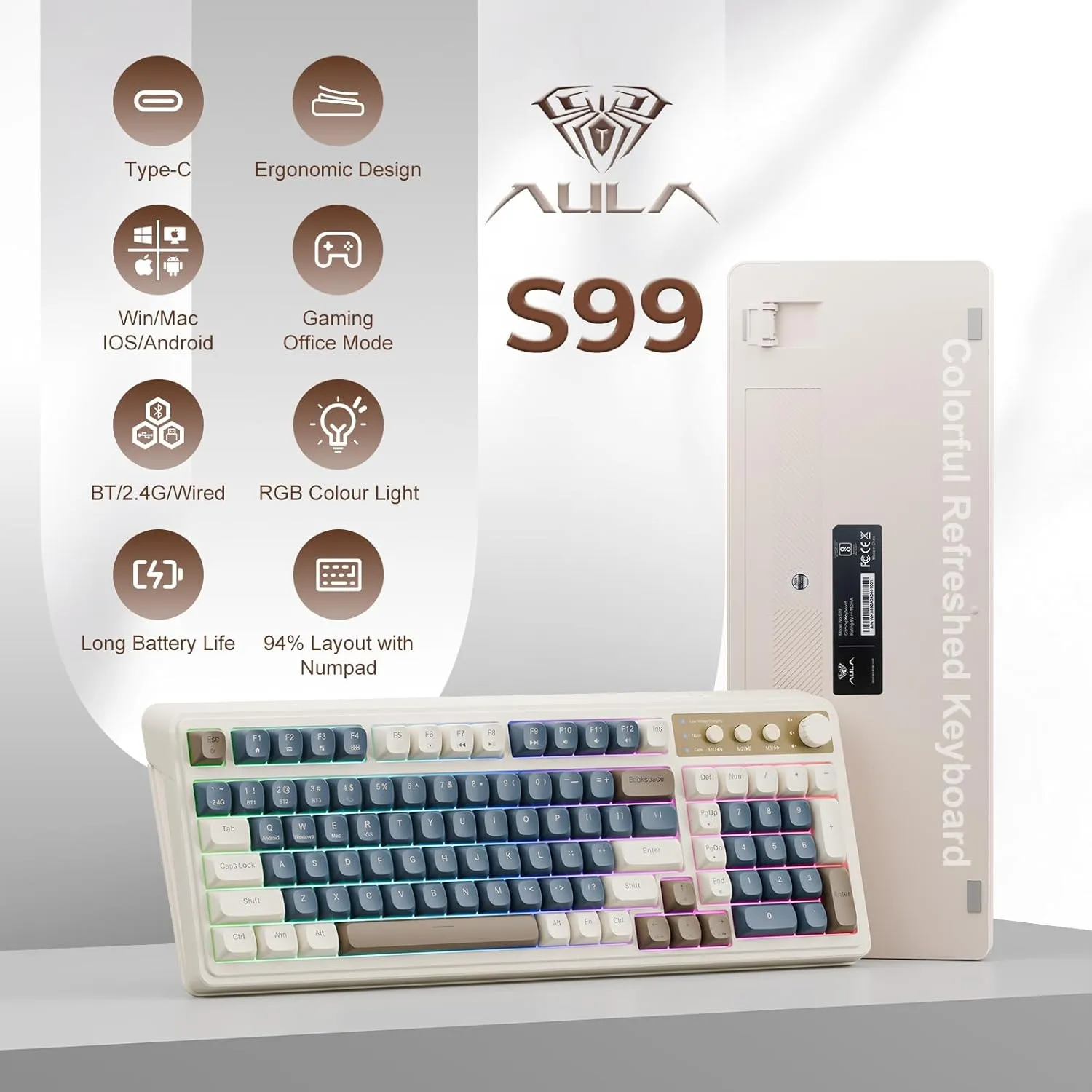 AULA S99 Gaming Keyboard, Wireless Computer Keyboards, Tri-Mode Bluetooth/2.4GHz/USB-C Custom Creamy Keyboard with Number Pad, RGB Backlit Media Knob Cute Programmable Keybaord for PC Gamer - Green
