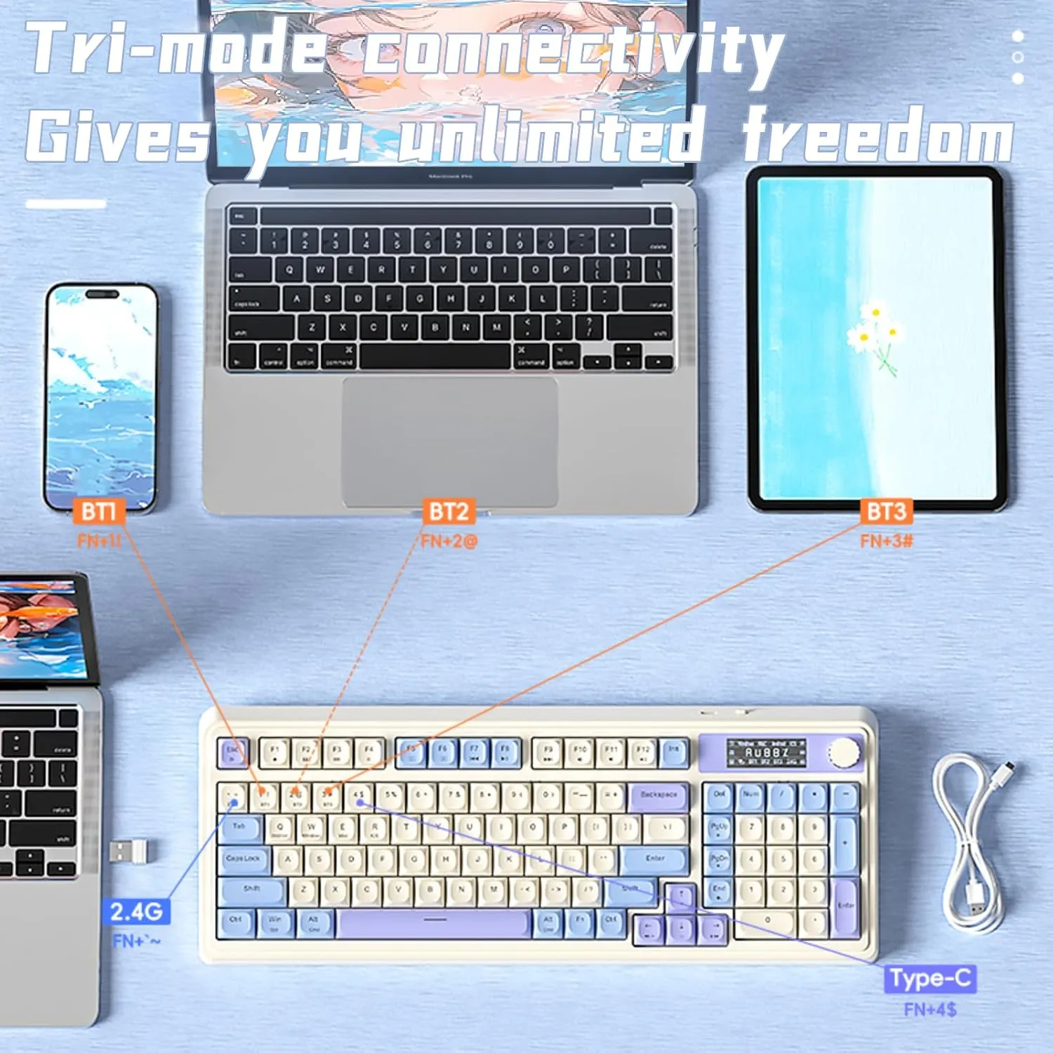 AULA S99 Pro Keyboard, Cute Creamy Gaming Keyboard with Number Pad Smart Screen, Tri-Mode Bluetooth/2.4G/USB-C Computer Keyboards, Media Knob Custom RGB Mechanical Feel for MAC Xbox PC Gamer - Purple