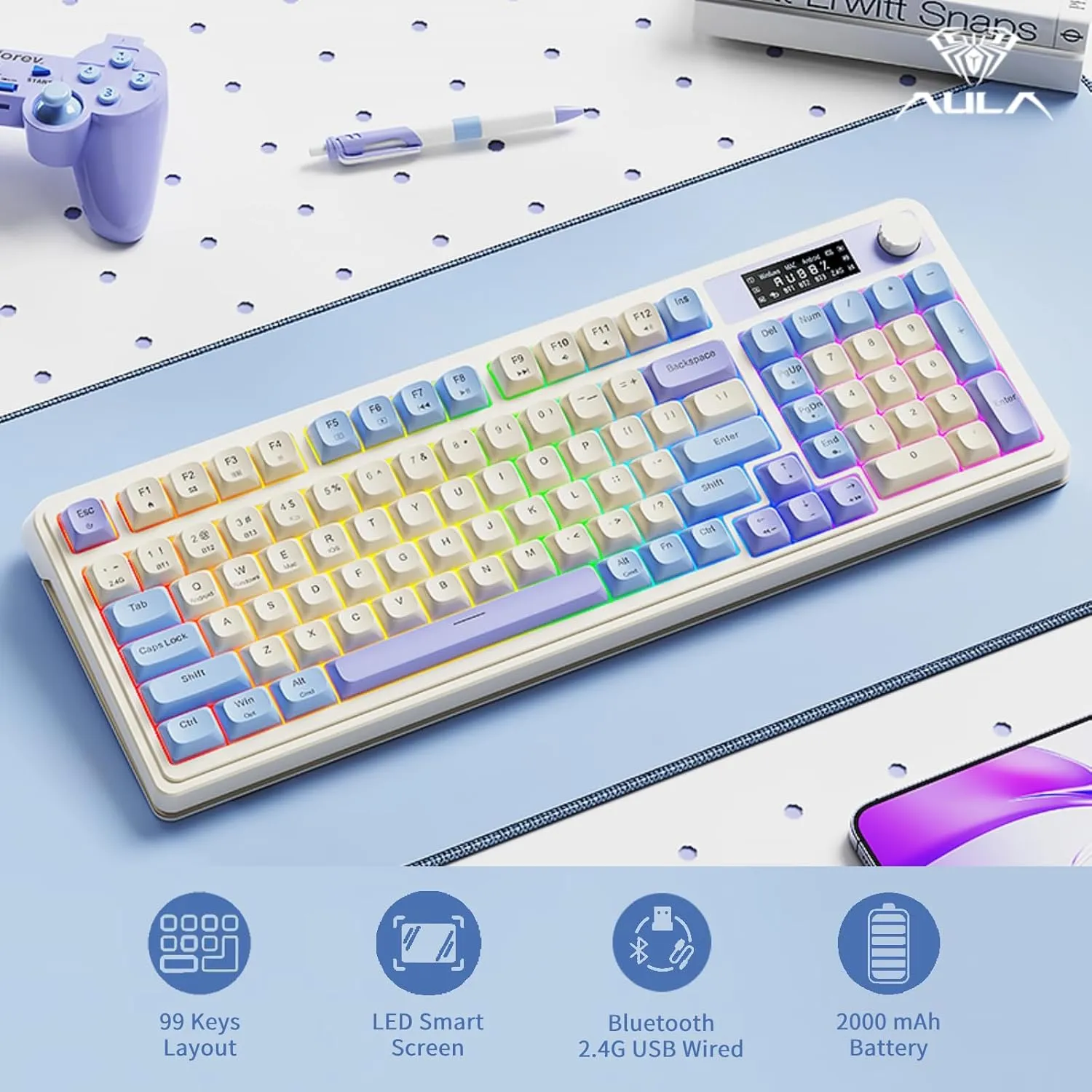 AULA S99 Pro Keyboard, Cute Creamy Gaming Keyboard with Number Pad Smart Screen, Tri-Mode Bluetooth/2.4G/USB-C Computer Keyboards, Media Knob Custom RGB Mechanical Feel for MAC Xbox PC Gamer - Purple