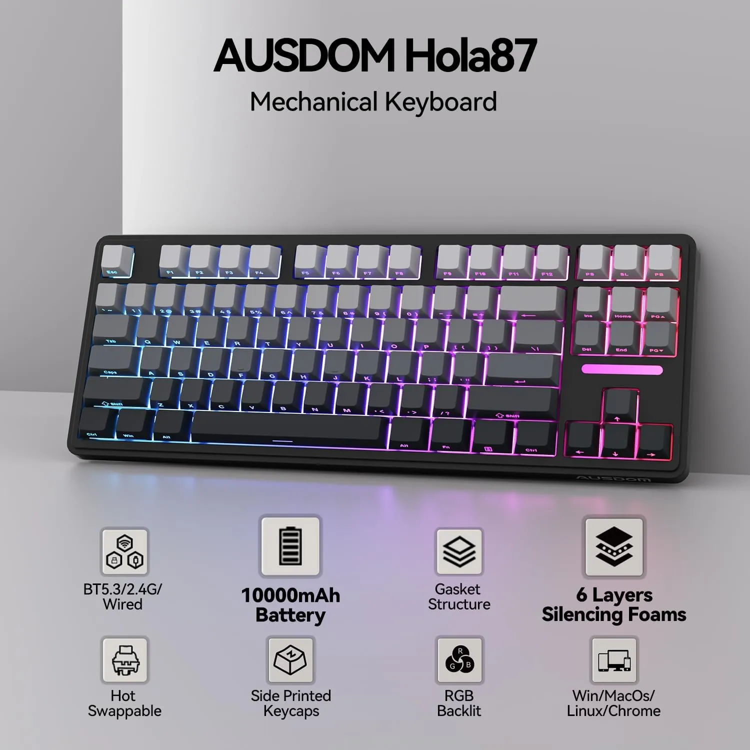 AUSDOM H87 Wireless Mechanical Keyboard, 10000mAh Battery Gasket Hot Swappable Custom Keyboard with RGB Backlit, Side Printed PBT Keycaps, Tri-Mode BT5.3/2.4GHz/USB-C Gaming Keyboards, Black Grey