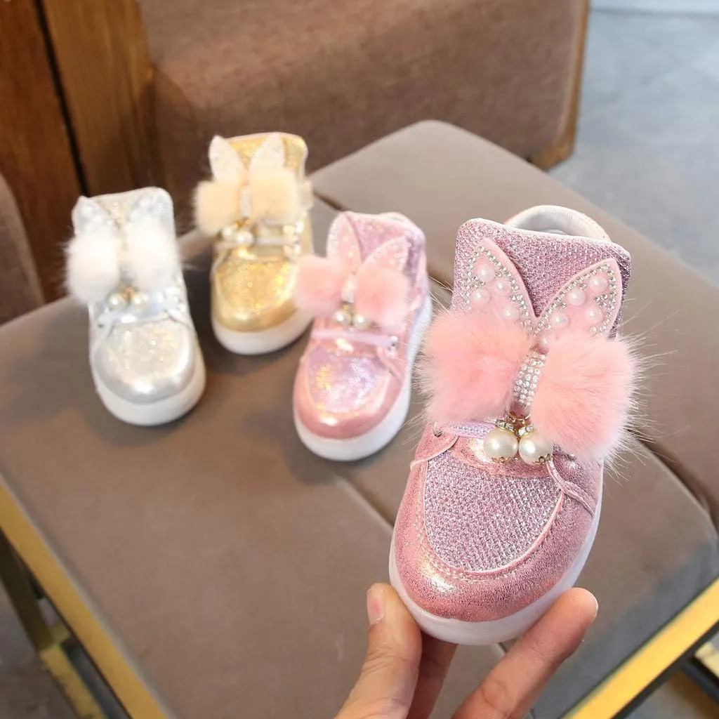 Baby Girls Boys Boots Led High Top First Walking Shoes Rabbit Ear Cotton ining Luminous Light up Casual Shoes