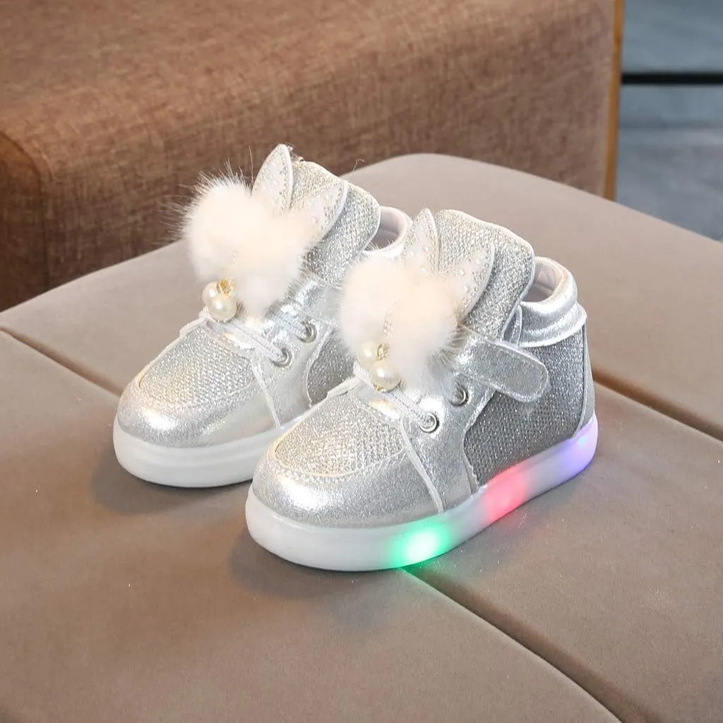Baby Girls Boys Boots Led High Top First Walking Shoes Rabbit Ear Cotton ining Luminous Light up Casual Shoes