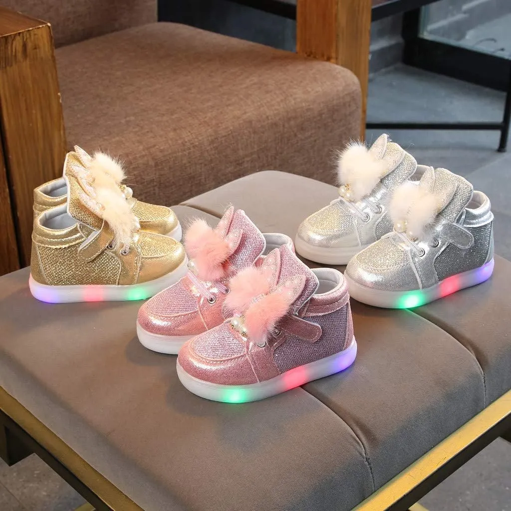Baby Girls Boys Boots Led High Top First Walking Shoes Rabbit Ear Cotton ining Luminous Light up Casual Shoes