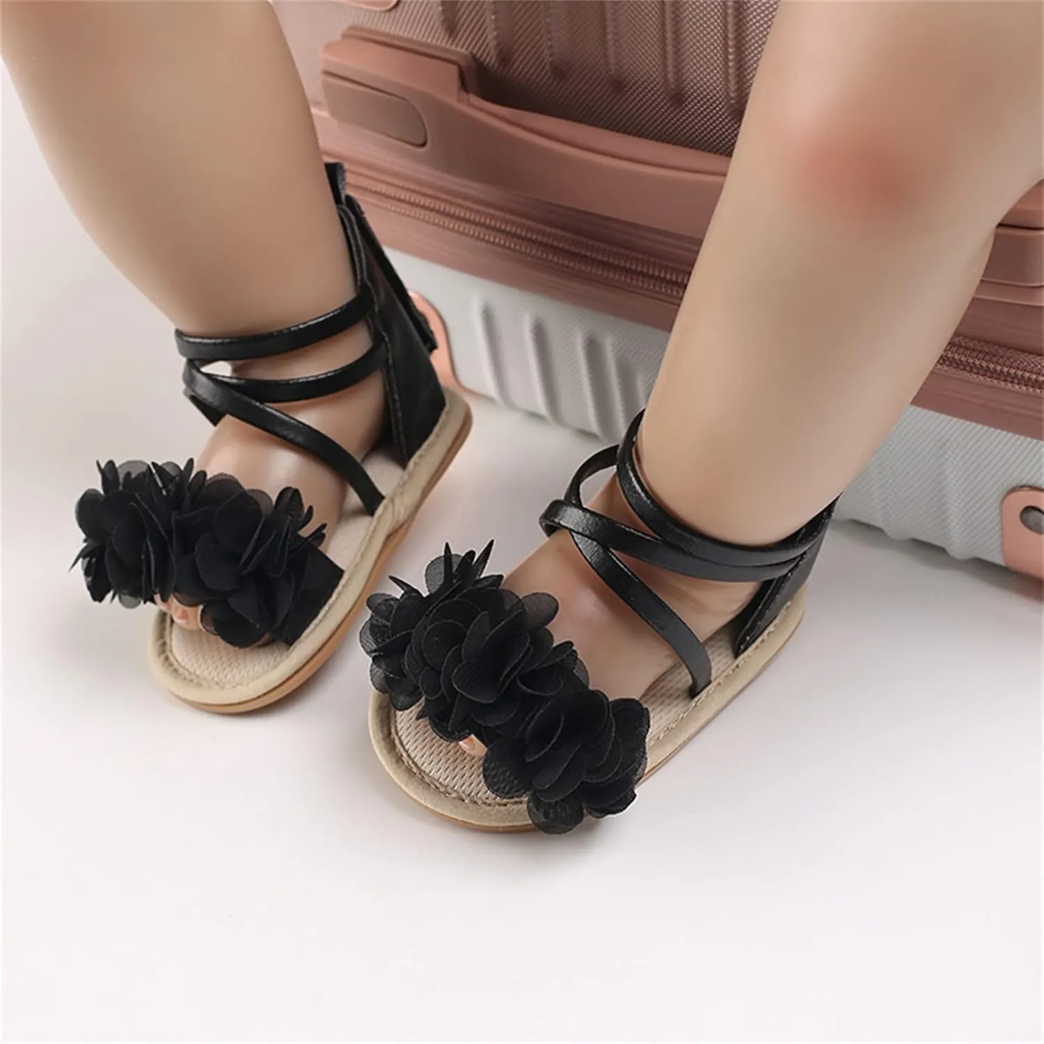 Baby Girls Boys Sandals Infant Toddler Shoes First Walkers Prewalkers Soft Sole Barefoot Flat (Black, 0-6 Months)