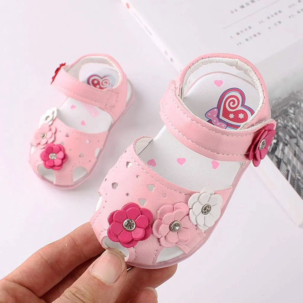 Baby Girls Flowers LED Luminous Sandals Infant Summer Outdoor Shoes PU Lightweight Soft Anti-Slip Sole Prewalker (Pink-04#, 3-6Months)