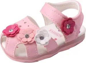 Baby Girls Flowers LED Luminous Sandals Infant Summer Outdoor Shoes PU Lightweight Soft Anti-Slip Sole Prewalker (Pink-04#, 3-6Months)