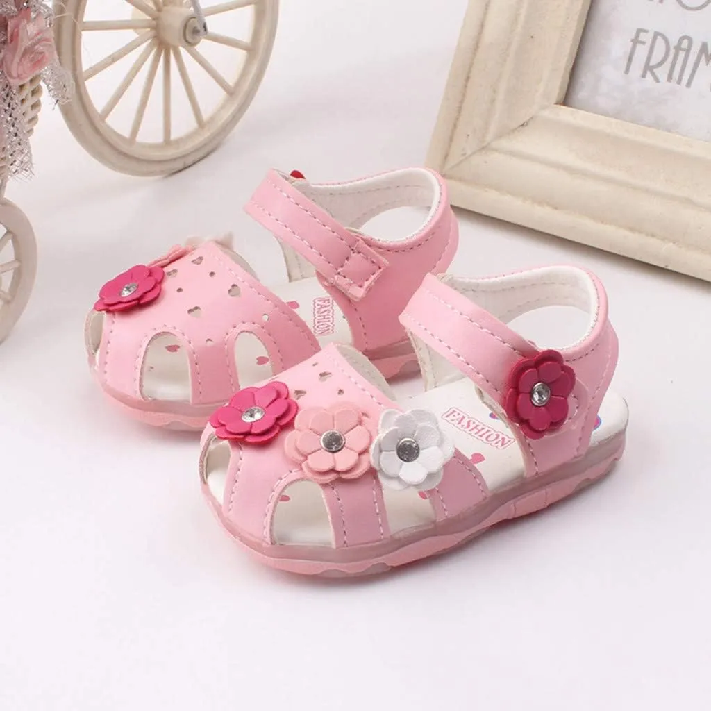 Baby Girls Flowers LED Luminous Sandals Infant Summer Outdoor Shoes PU Lightweight Soft Anti-Slip Sole Prewalker (Pink-04#, 3-6Months)