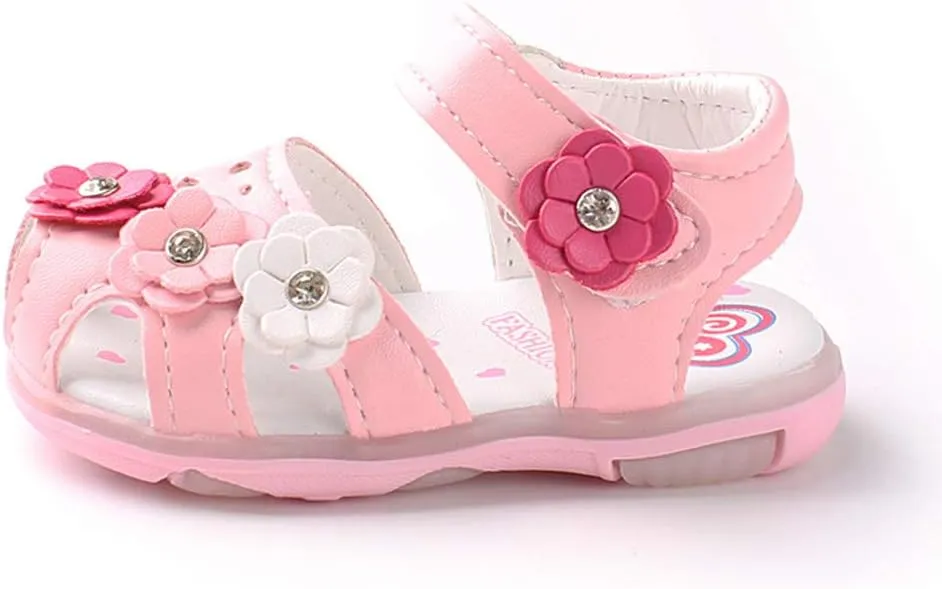 Baby Girls Flowers LED Luminous Sandals Infant Summer Outdoor Shoes PU Lightweight Soft Anti-Slip Sole Prewalker (Pink-04#, 3-6Months)