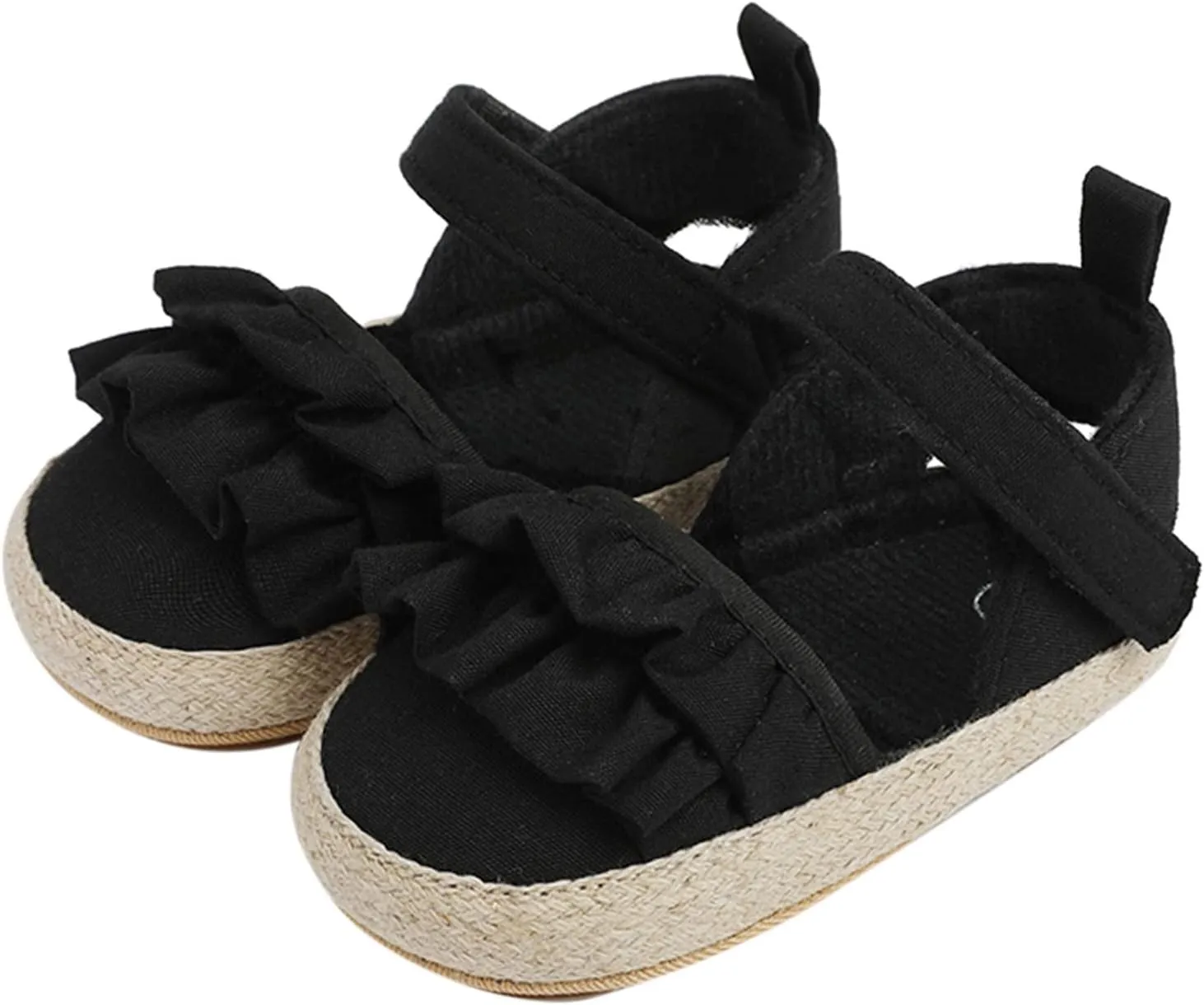 Baby Infant Boy Girl Sandals Shoes First Walkers Prewalkers Ruffles Non-Slip Soft Sole Prewalker (Black, 12 Infant)
