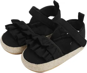 Baby Infant Boy Girl Sandals Shoes First Walkers Prewalkers Ruffles Non-Slip Soft Sole Prewalker (Black, 12 Infant)