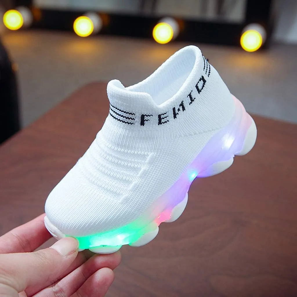 Baby Shoes Girl Children Baby Luminous Shoes Sport Boys Casual Led Run Girls Mesh Letter Baby Shoes (White, 2.5-3 Years)