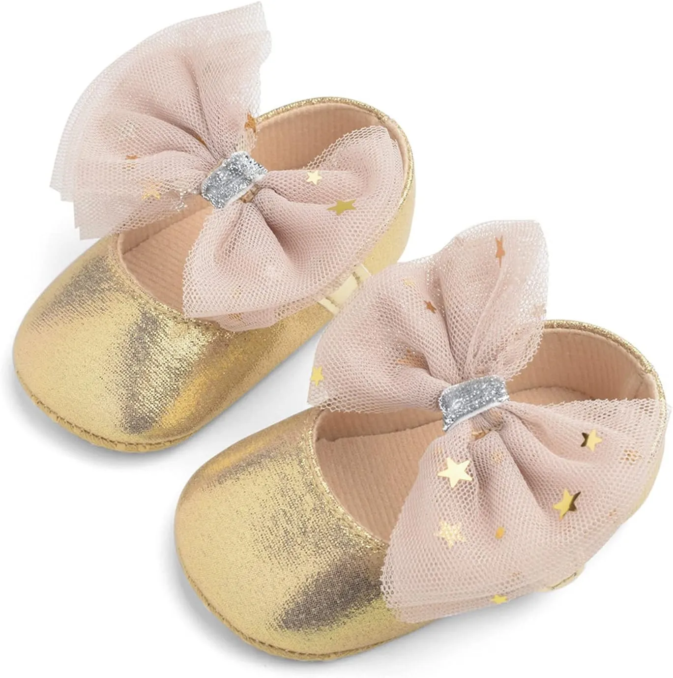 Baby Shoes Girl Girls Shoes Sole Rubber Flat First Baby Dress Bowknot Mary Princess Baby Shoes (Gold, 12-18 Months)