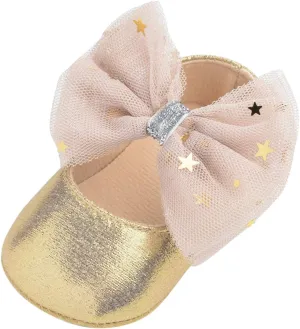 Baby Shoes Girl Girls Shoes Sole Rubber Flat First Baby Dress Bowknot Mary Princess Baby Shoes (Gold, 12-18 Months)