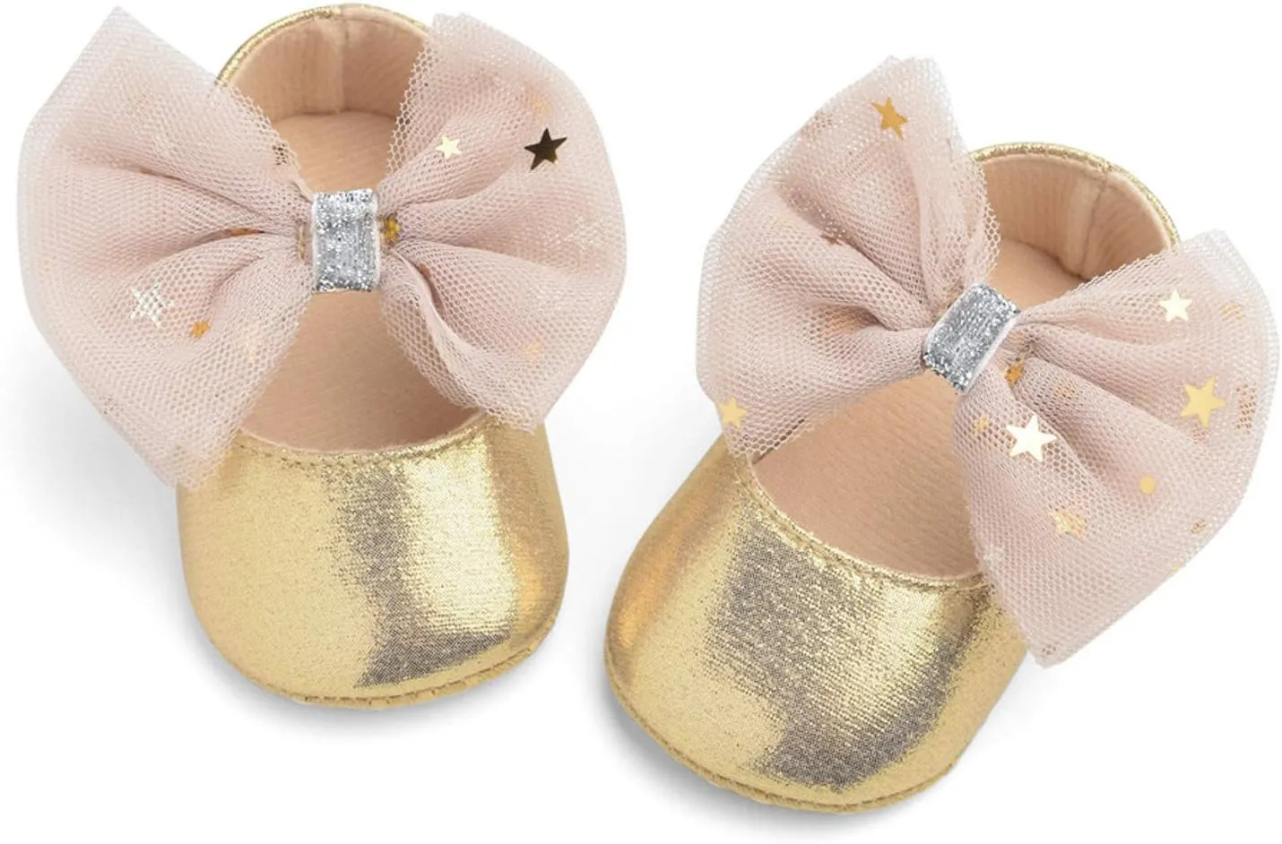 Baby Shoes Girl Girls Shoes Sole Rubber Flat First Baby Dress Bowknot Mary Princess Baby Shoes (Gold, 12-18 Months)