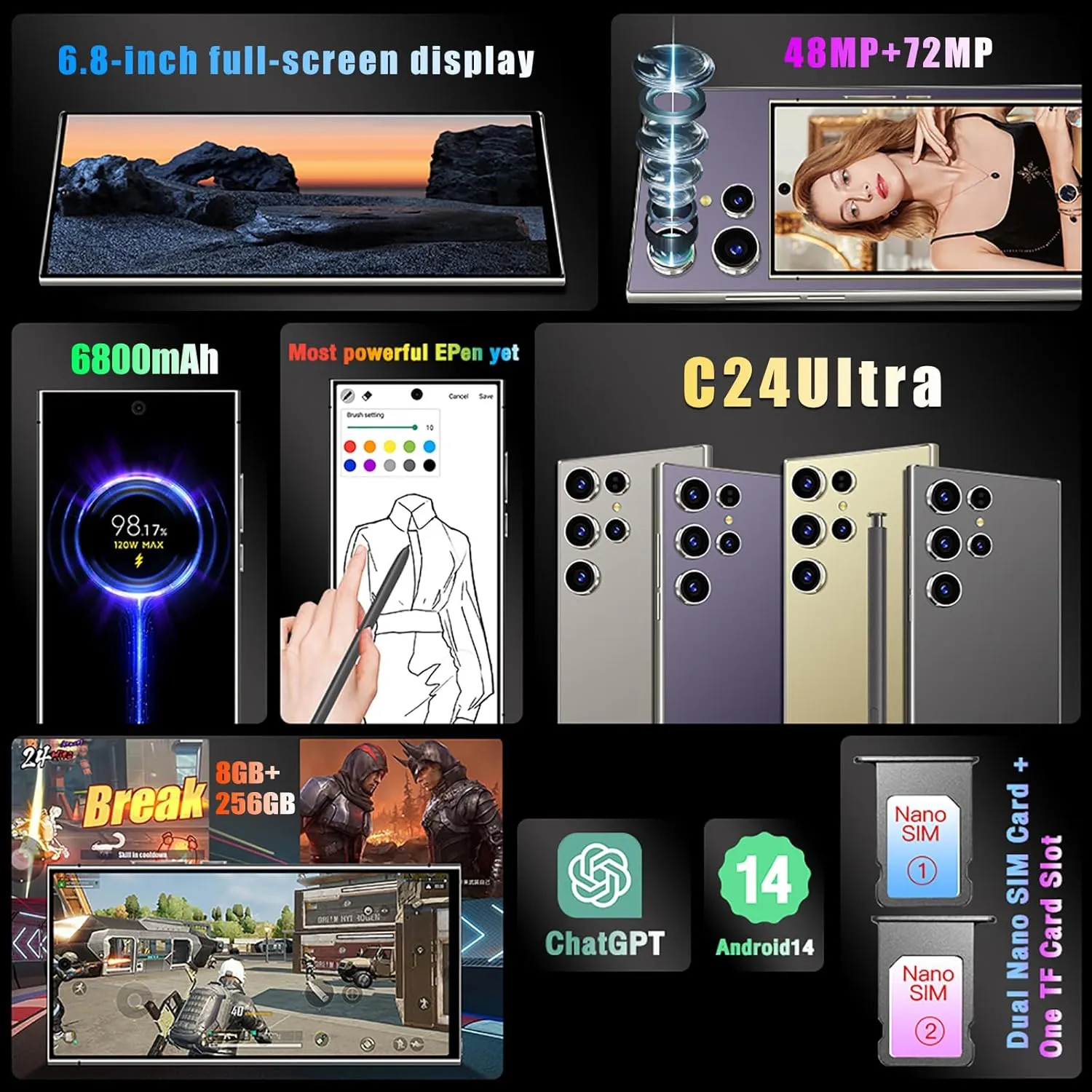 C24 Ultra Unlocked Phones, 8GB 256GB Cell Phones, 6.8" Full Netcom Unlocked Android 14 Phone, Octa-Core CPU/6800mAHh Battery/GPS/Face ID/Dual SIM 5G Smartphone (Purple)