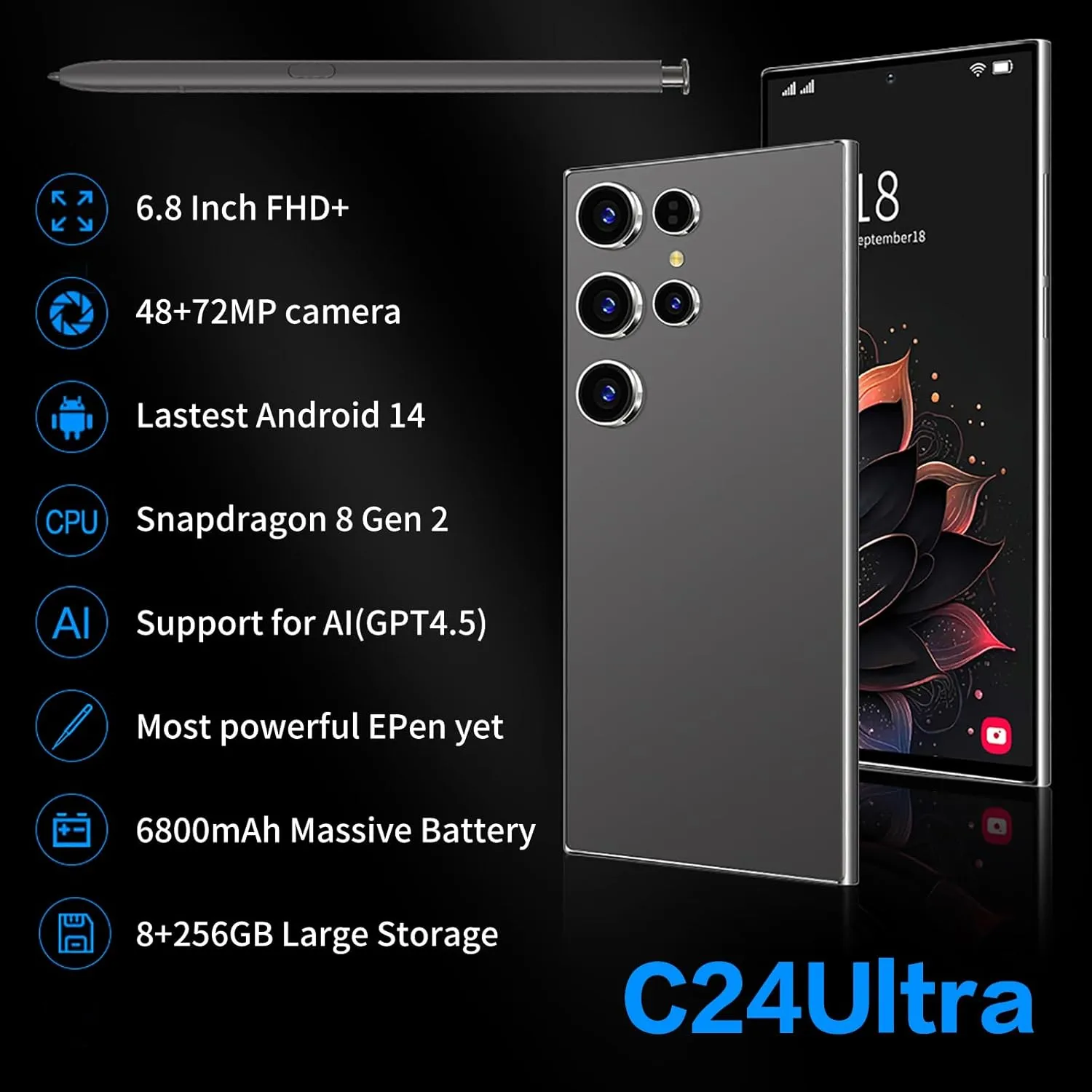 C24 Ultra Unlocked Phones, 8GB 256GB Cell Phones, 6.8" HD 120Hz Screen Unlocked Android 14 Phones, 6800mAh Battery Snapdragon CPU Smartphone, Face ID/GPS/5G Dual SIM (Gold)