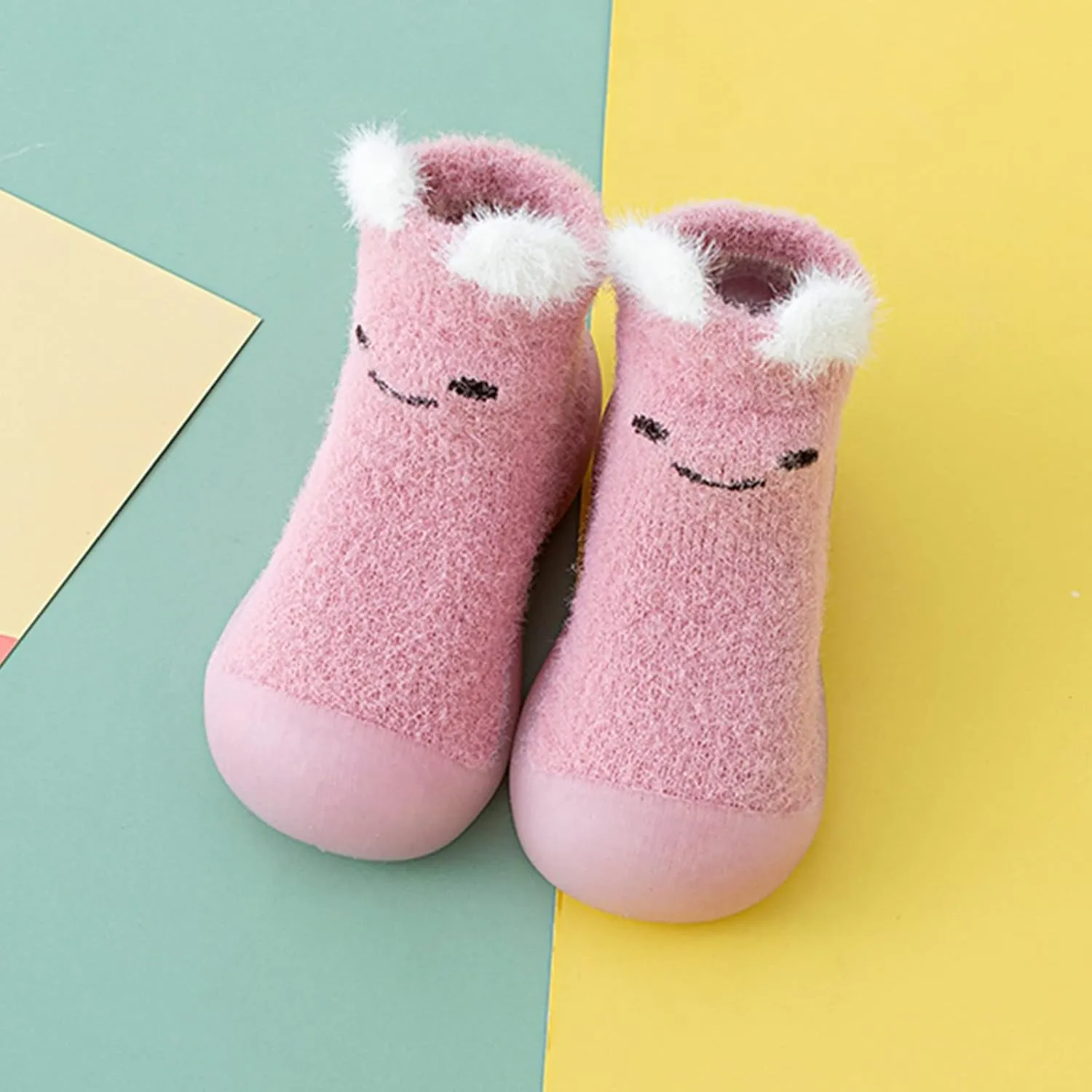 Children Tennis Shoes Infant Boys Girls Animal Cartoon Socks Shoes Toddler Fleece WarmThe Floor Socks Non Slip Prewalker Shoes (Pink, 0-6 Months)