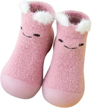 Children Tennis Shoes Infant Boys Girls Animal Cartoon Socks Shoes Toddler Fleece WarmThe Floor Socks Non Slip Prewalker Shoes (Pink, 0-6 Months)