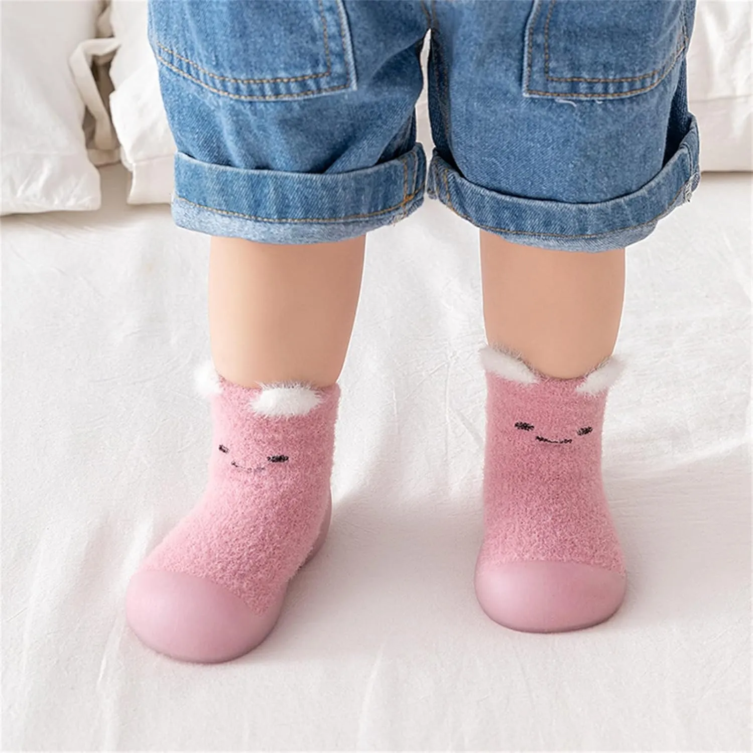 Children Tennis Shoes Infant Boys Girls Animal Cartoon Socks Shoes Toddler Fleece WarmThe Floor Socks Non Slip Prewalker Shoes (Pink, 0-6 Months)