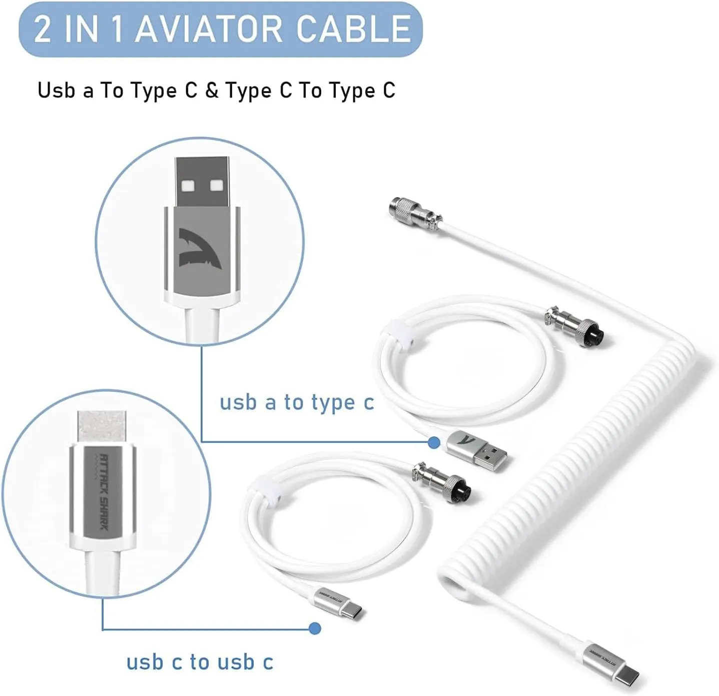Coiled Keyboard Cable for Gaming Custom Keyboard,Double-Sleeved Coiled USB C Cable with Detachable Metal Aviator,2 in 1 USB C to A and C Cable for Mechanical Keybaord,Printer,Phone,Ipad,Xbox-White