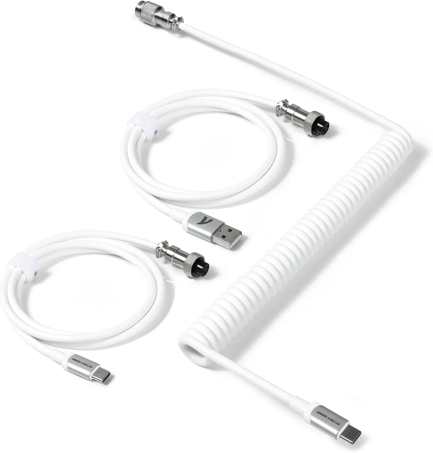 Coiled Keyboard Cable for Gaming Custom Keyboard,Double-Sleeved Coiled USB C Cable with Detachable Metal Aviator,2 in 1 USB C to A and C Cable for Mechanical Keybaord,Printer,Phone,Ipad,Xbox-White