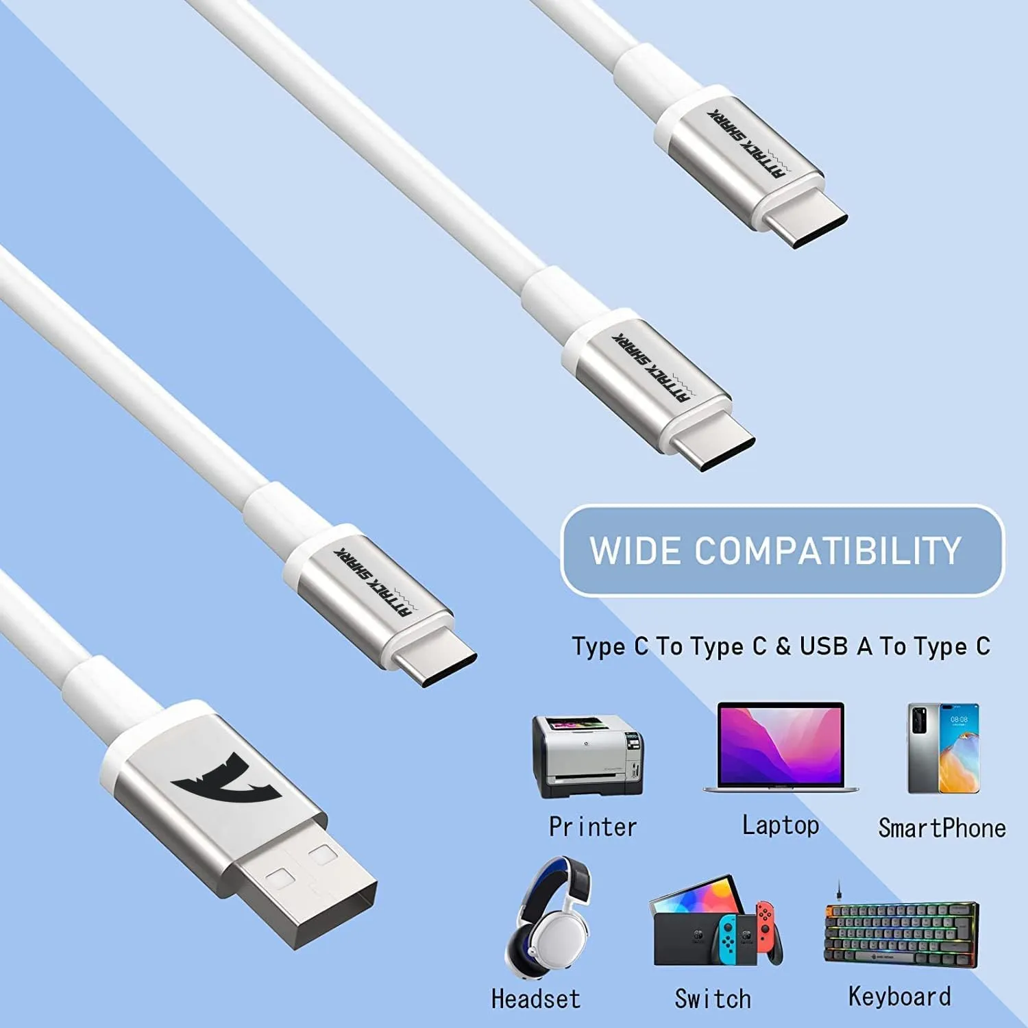 Coiled Keyboard Cable for Gaming Custom Keyboard,Double-Sleeved Coiled USB C Cable with Detachable Metal Aviator,2 in 1 USB C to A and C Cable for Mechanical Keybaord,Printer,Phone,Ipad,Xbox-White
