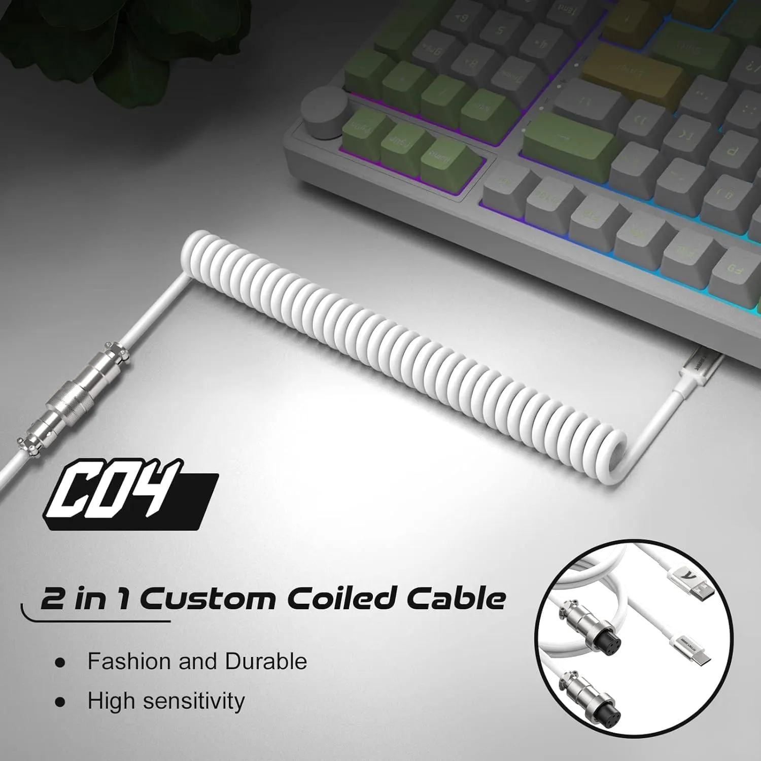 Coiled Keyboard Cable for Gaming Custom Keyboard,Double-Sleeved Coiled USB C Cable with Detachable Metal Aviator,2 in 1 USB C to A and C Cable for Mechanical Keybaord,Printer,Phone,Ipad,Xbox-White