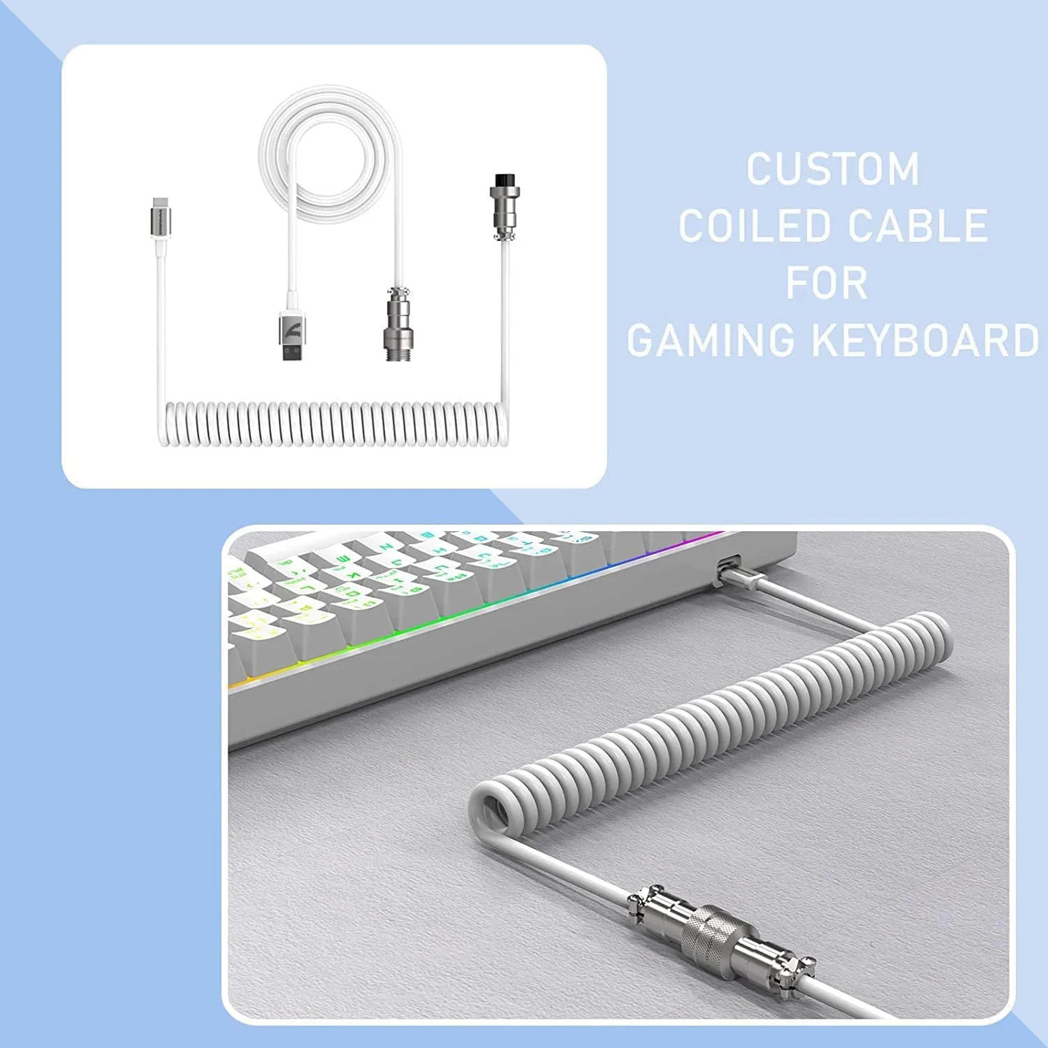 Coiled Keyboard Cable for Gaming Custom Keyboard,Double-Sleeved Coiled USB C Cable with Detachable Metal Aviator,2 in 1 USB C to A and C Cable for Mechanical Keybaord,Printer,Phone,Ipad,Xbox-White