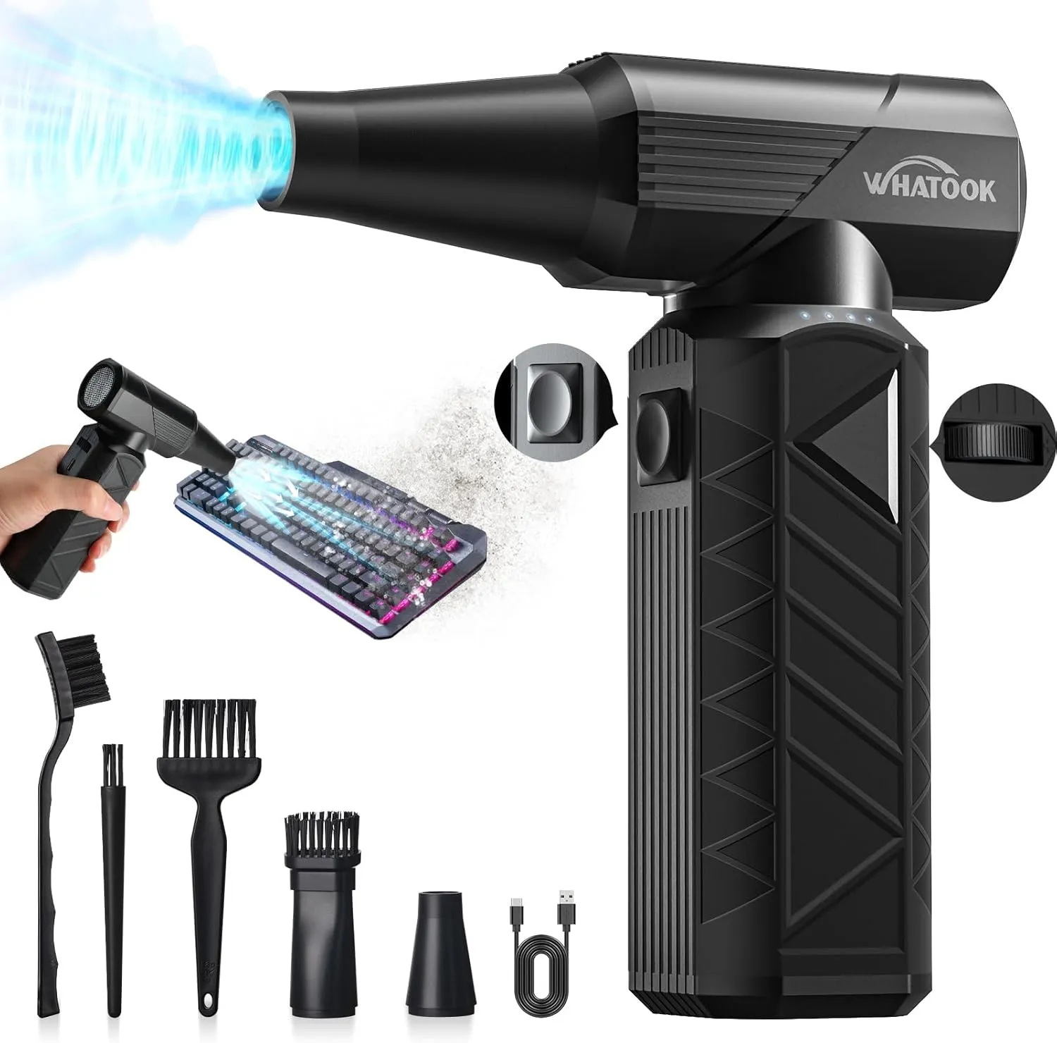 Compressed Air Duster: 180000RPM Air Blower with Stepless Speed Regulation Mode, Electric Air Duster with Brushless Motor, Air Duster for Keyboard, Computer, Car and Home CleaningBlack
