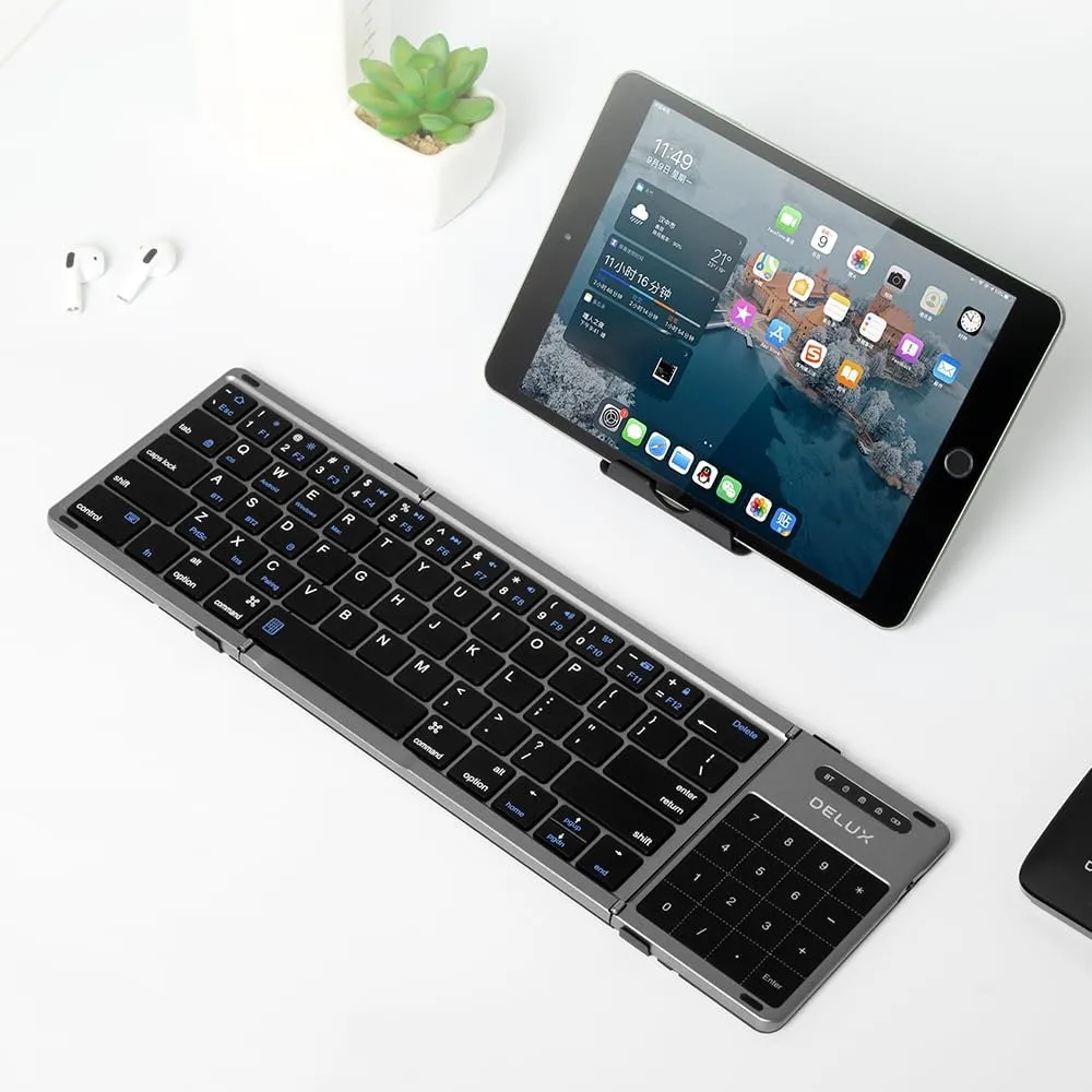 DeLUX Foldable Keyboard with Touchpad and Numeric Keypad, 2.4G Wireless and Bluetooth, Rechargeable Portable Travel Folding Keyboard with PU Leather, for iOS Android Windows Tablet (KF18)